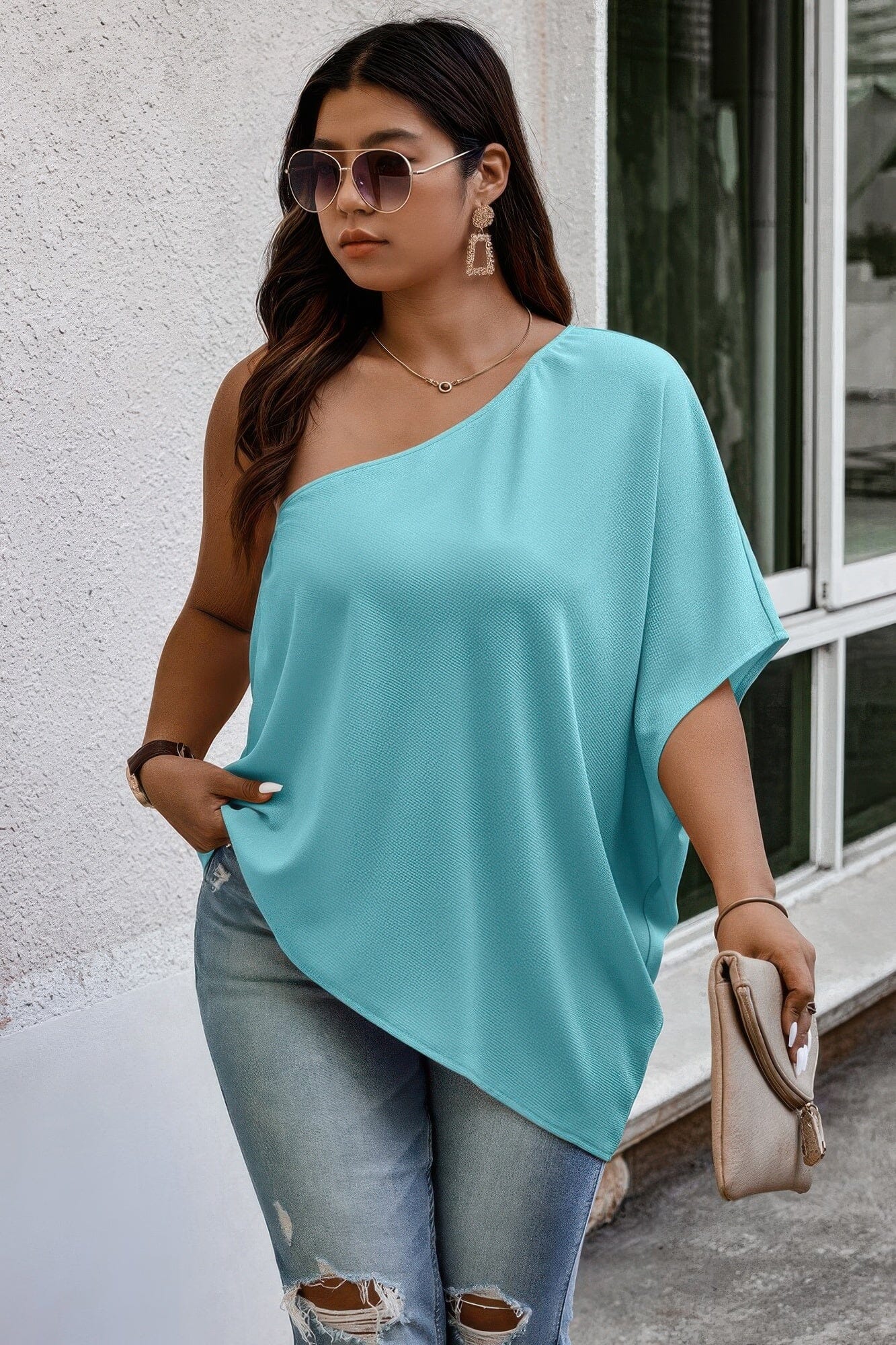 Plus Size One Shoulder Solid Casual Loose Fit Shirt Shirts & Tops jehouze Sky Blue XL