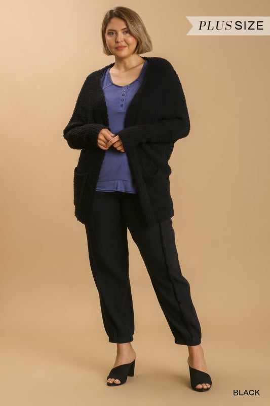 Plus Size Open Front Oversized Cardigan Sweater With Pockets Outerwear jehouze Black 1XL