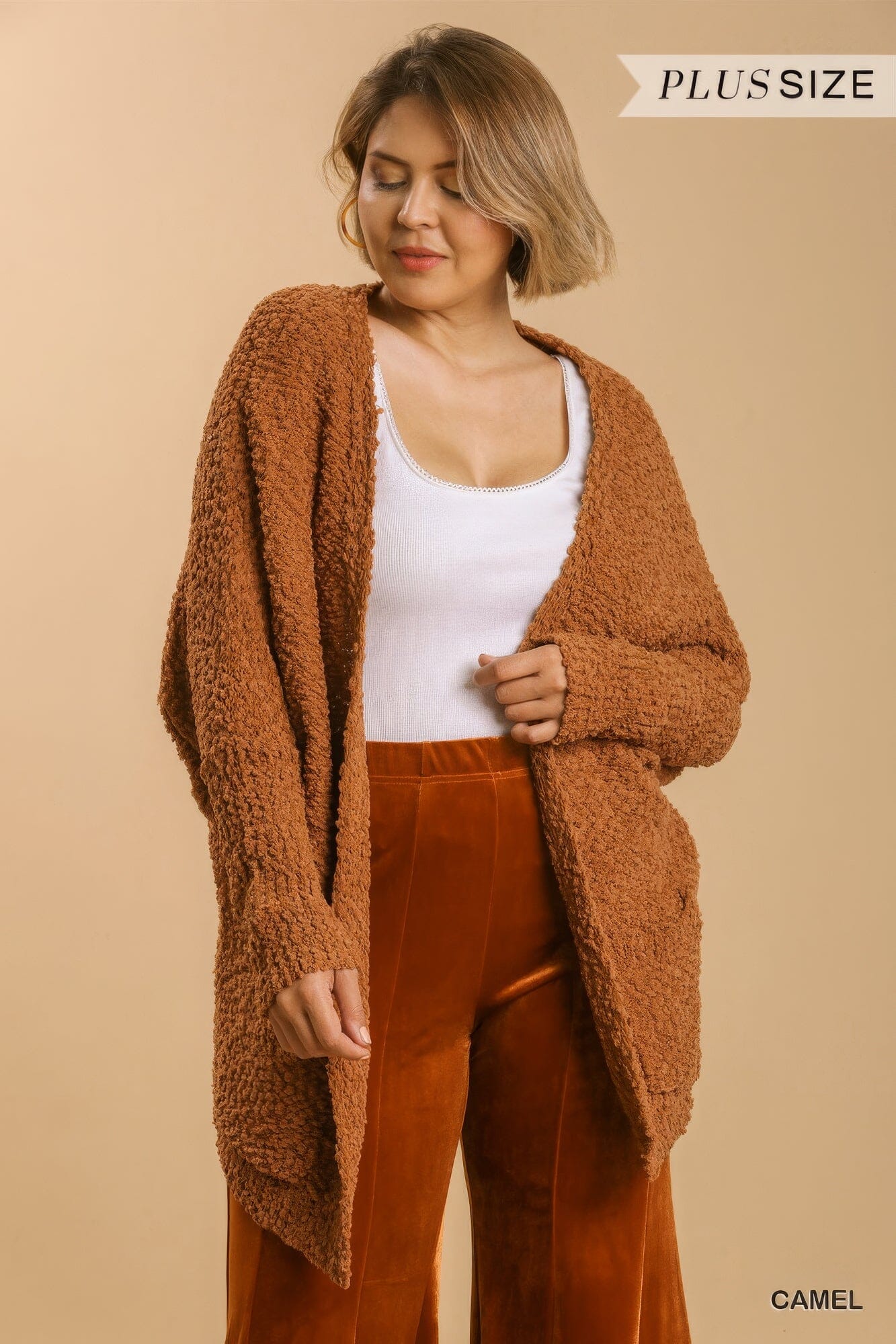 Plus Size Open Front Oversized Cardigan Sweater With Pockets Outerwear jehouze Camel 1XL