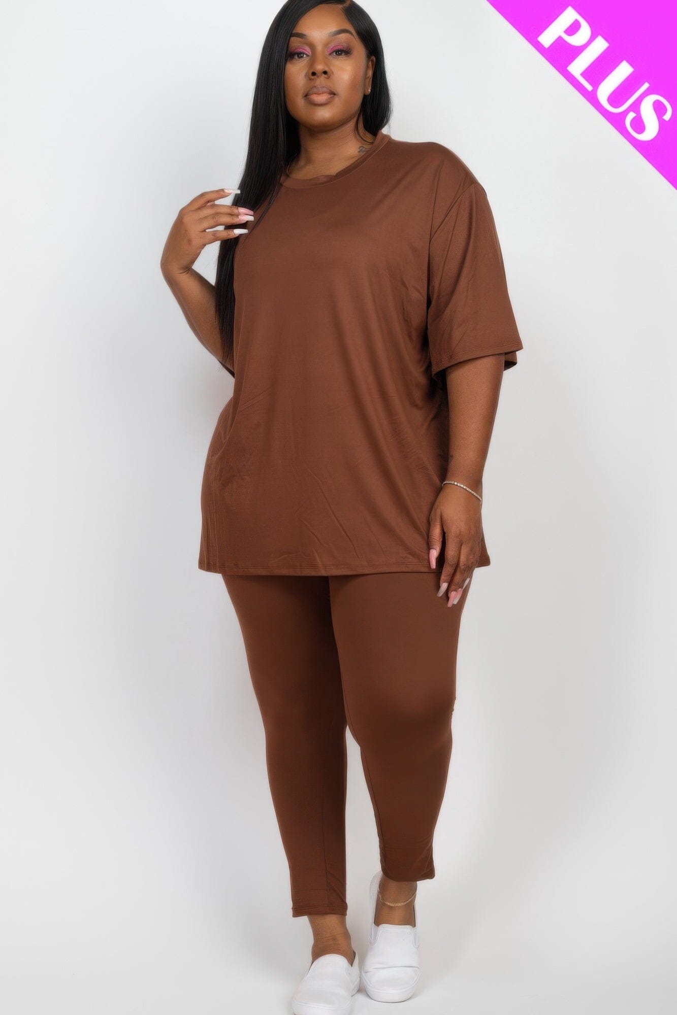 Plus Size Oversized T-shirt & Leggings Loungewear Set Loungewear jehouze Downtown Brown 1XL
