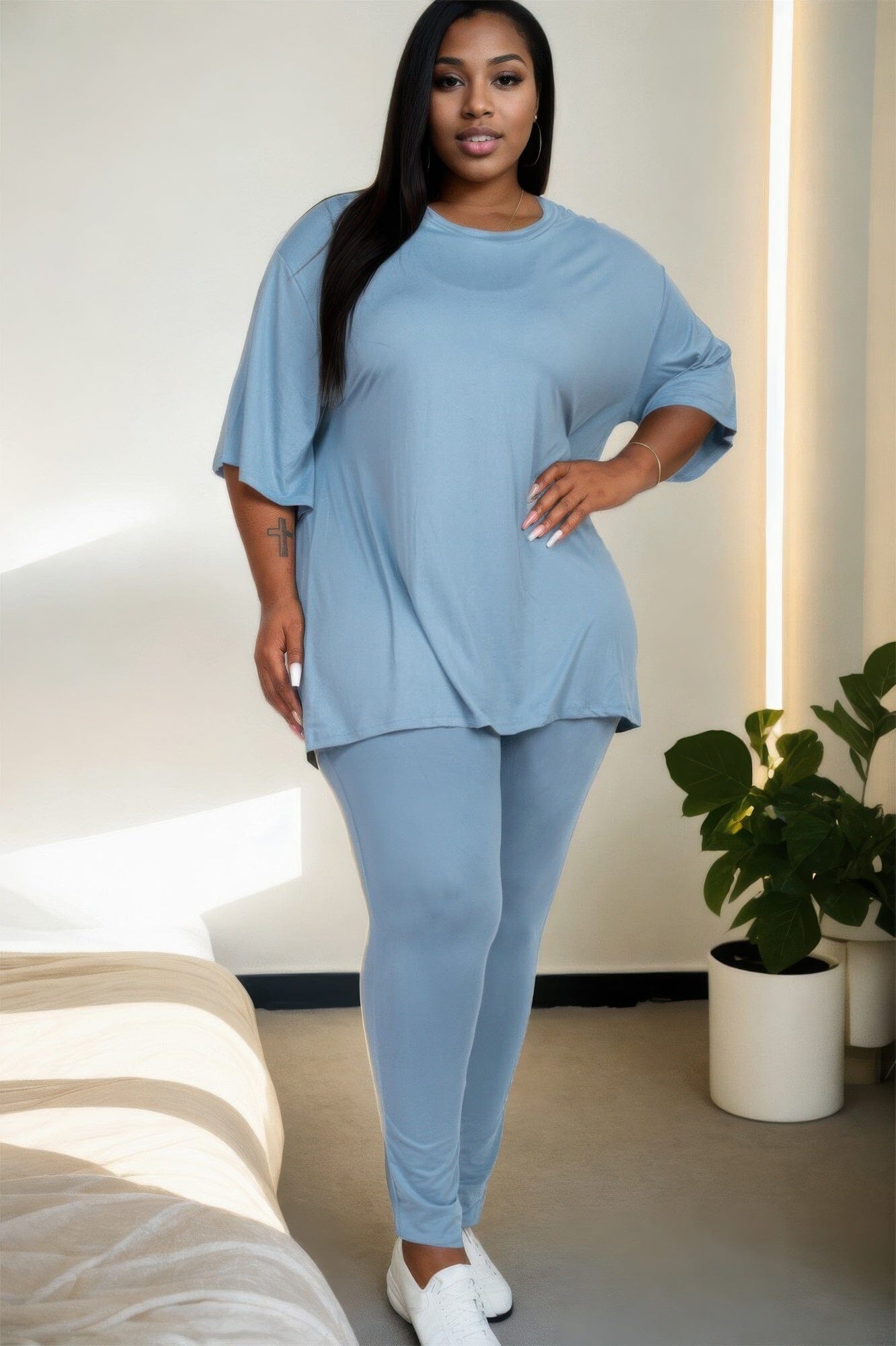 Plus Size Oversized T-shirt & Leggings Loungewear Set Loungewear jehouze Faded Denim 1XL