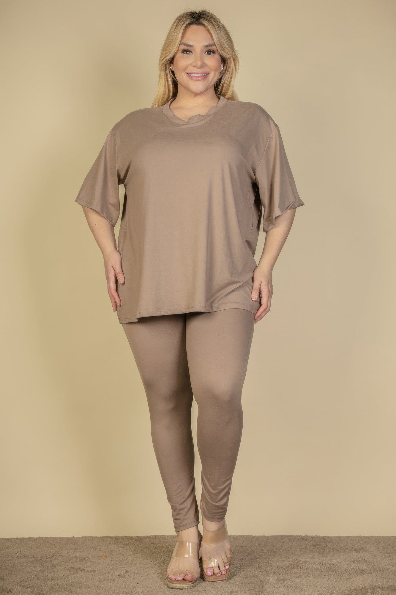 Plus Size Oversized T-shirt & Leggings Loungewear Set Loungewear jehouze Taupe Gray 1XL