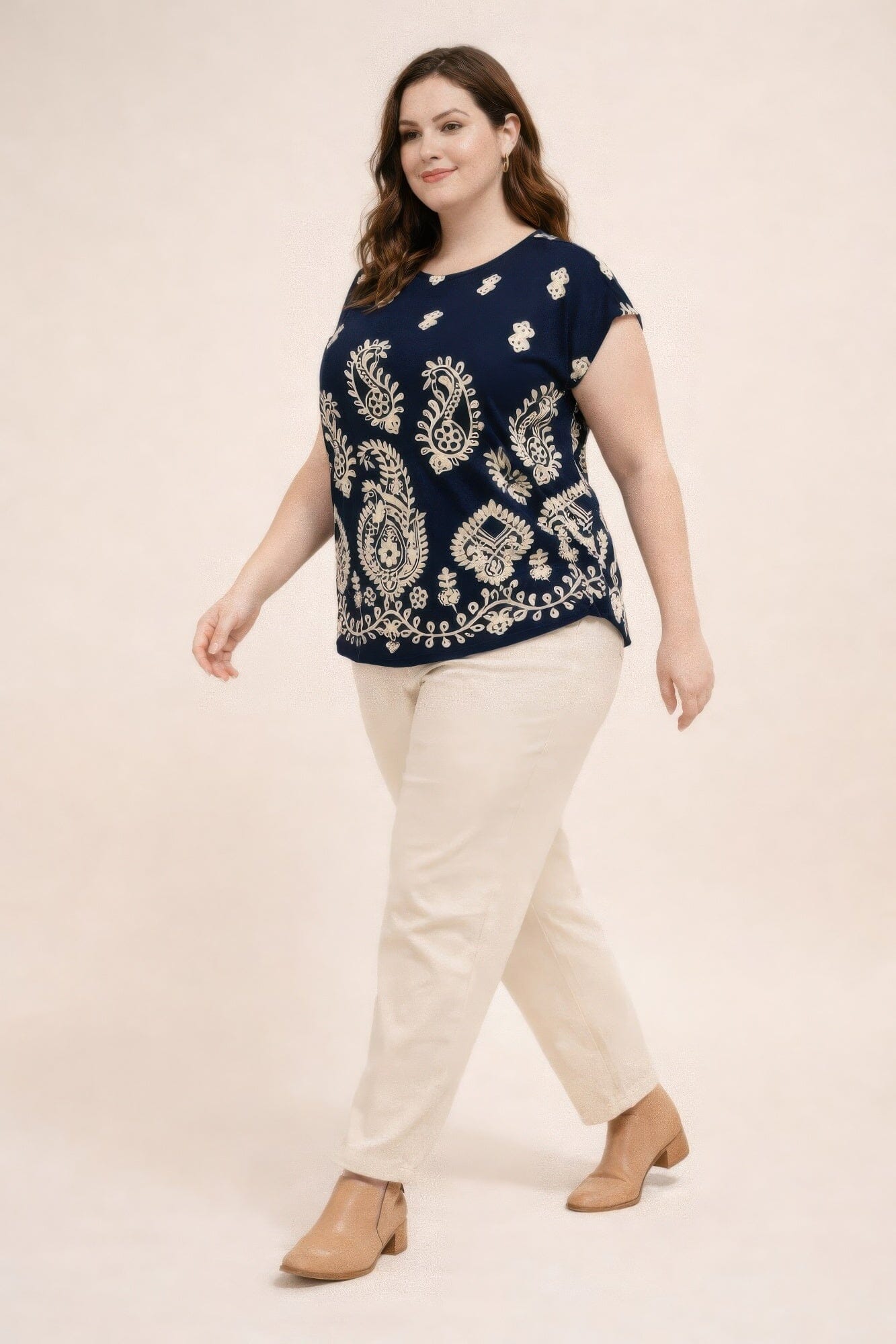 Plus Size Paisley Border Print Button-shoulder Top Shirts & Tops jehouze Navy blue XL
