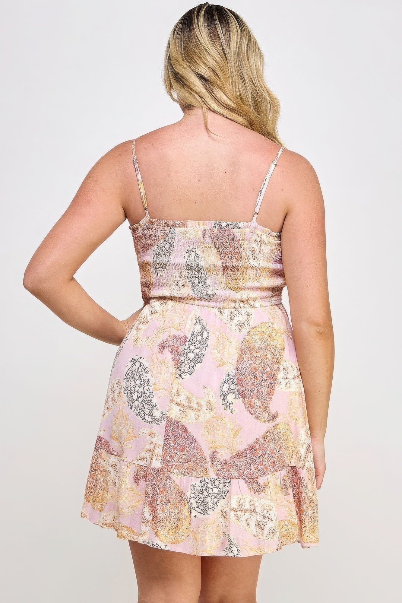 Plus Size Paisley Smocked Ruffle Mini Dress Dresses jehouze