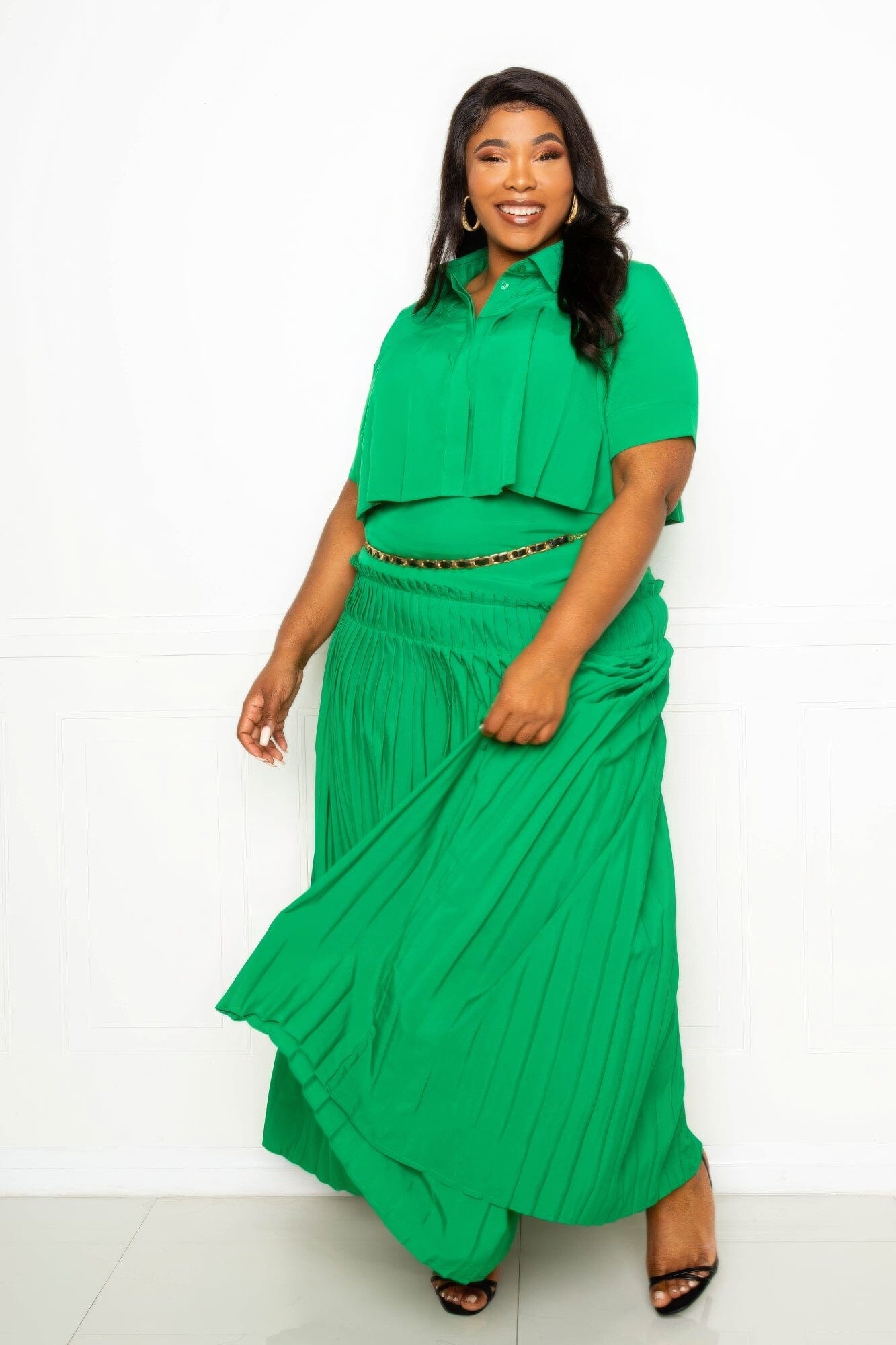 Plus Size Pleated Cropped Shirt And Maxi Skirt Set Outfit Sets jehouze