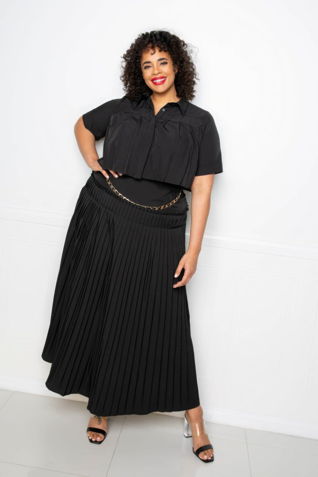 Plus Size Pleated Cropped Shirt And Maxi Skirt Set Outfit Sets jehouze