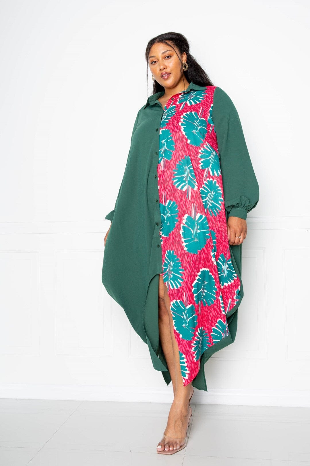 Plus Size Print Drapy Shirt Long Sleeve Maxi Dress Dresses jehouze
