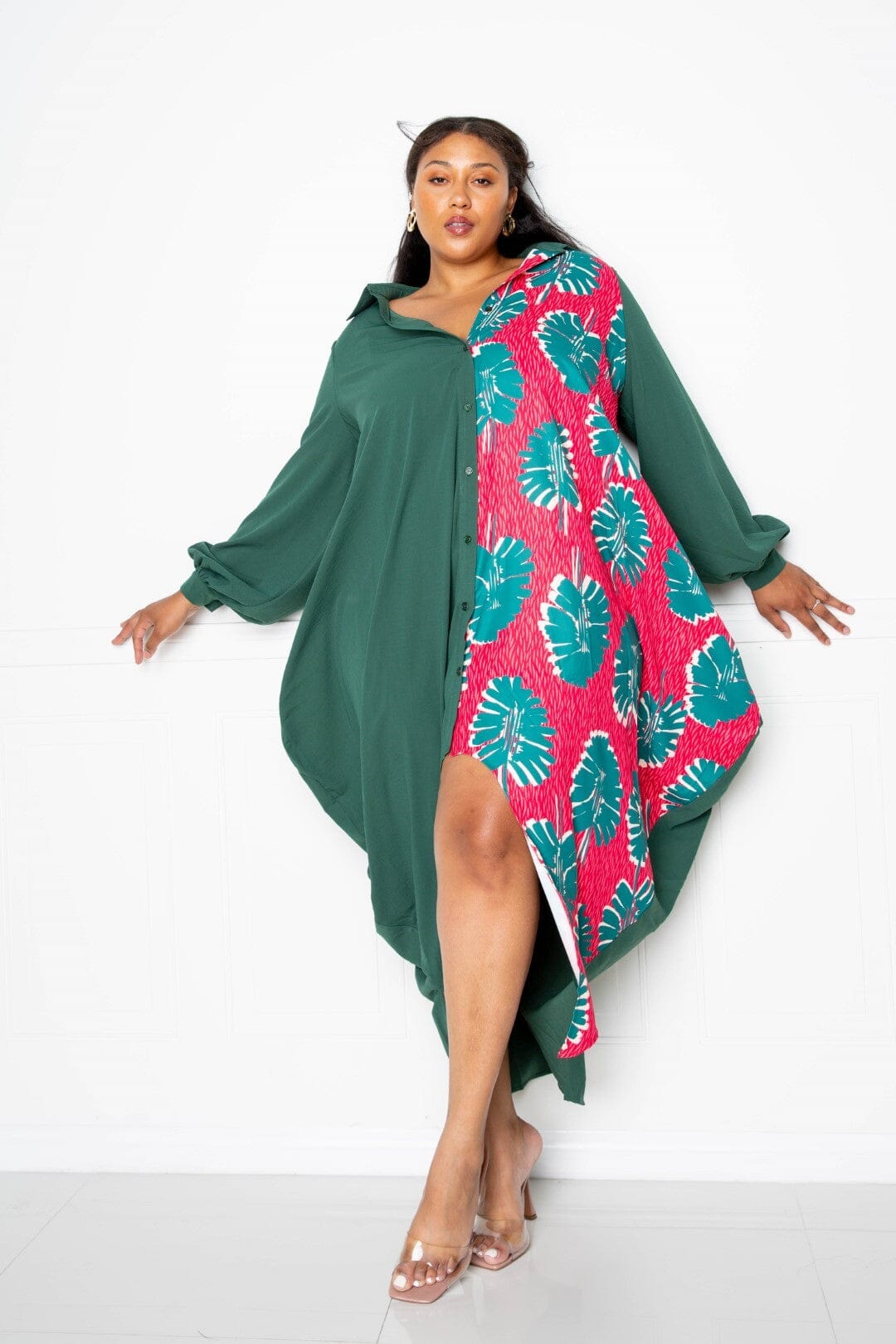 Plus Size Print Drapy Shirt Long Sleeve Maxi Dress Dresses jehouze