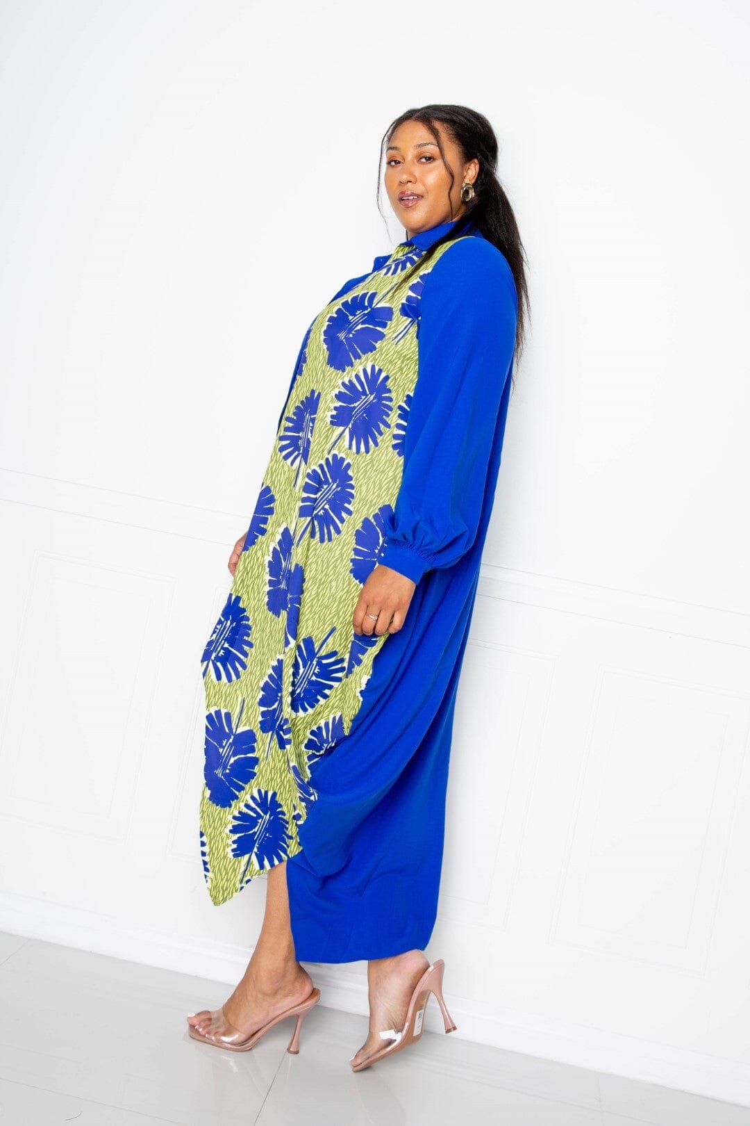 Plus Size Print Drapy Shirt Long Sleeve Maxi Dress Dresses jehouze