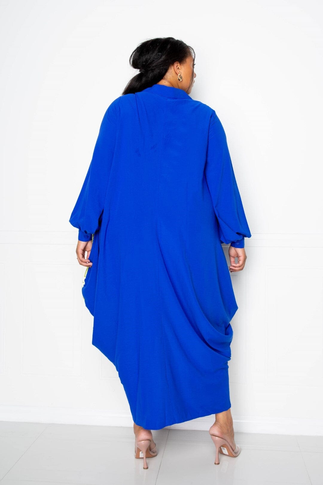 Plus Size Print Drapy Shirt Long Sleeve Maxi Dress Dresses jehouze