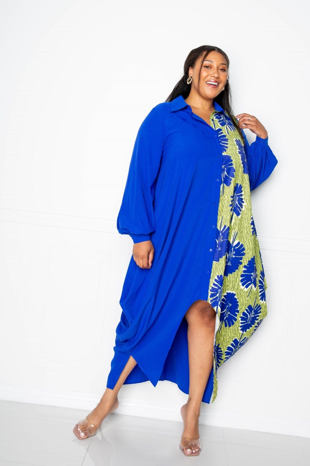 Plus Size Print Drapy Shirt Long Sleeve Maxi Dress Dresses jehouze
