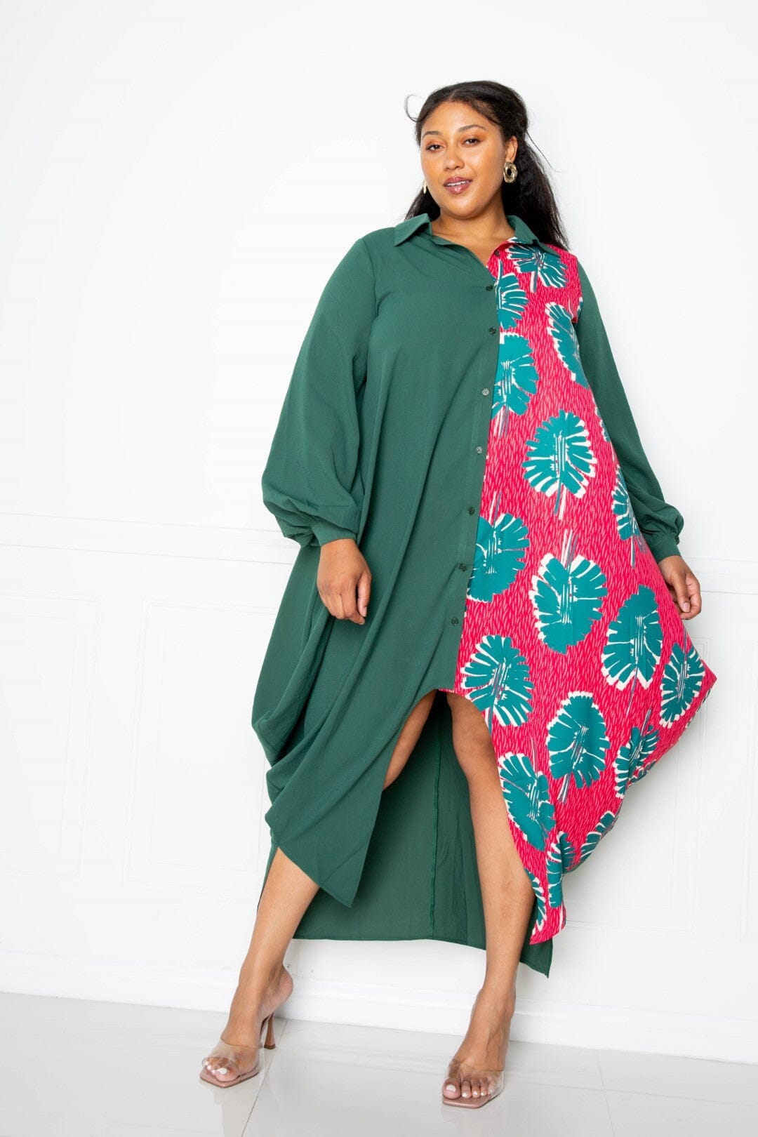 Plus Size Print Drapy Shirt Long Sleeve Maxi Dress Dresses jehouze Teal Multi 3XL