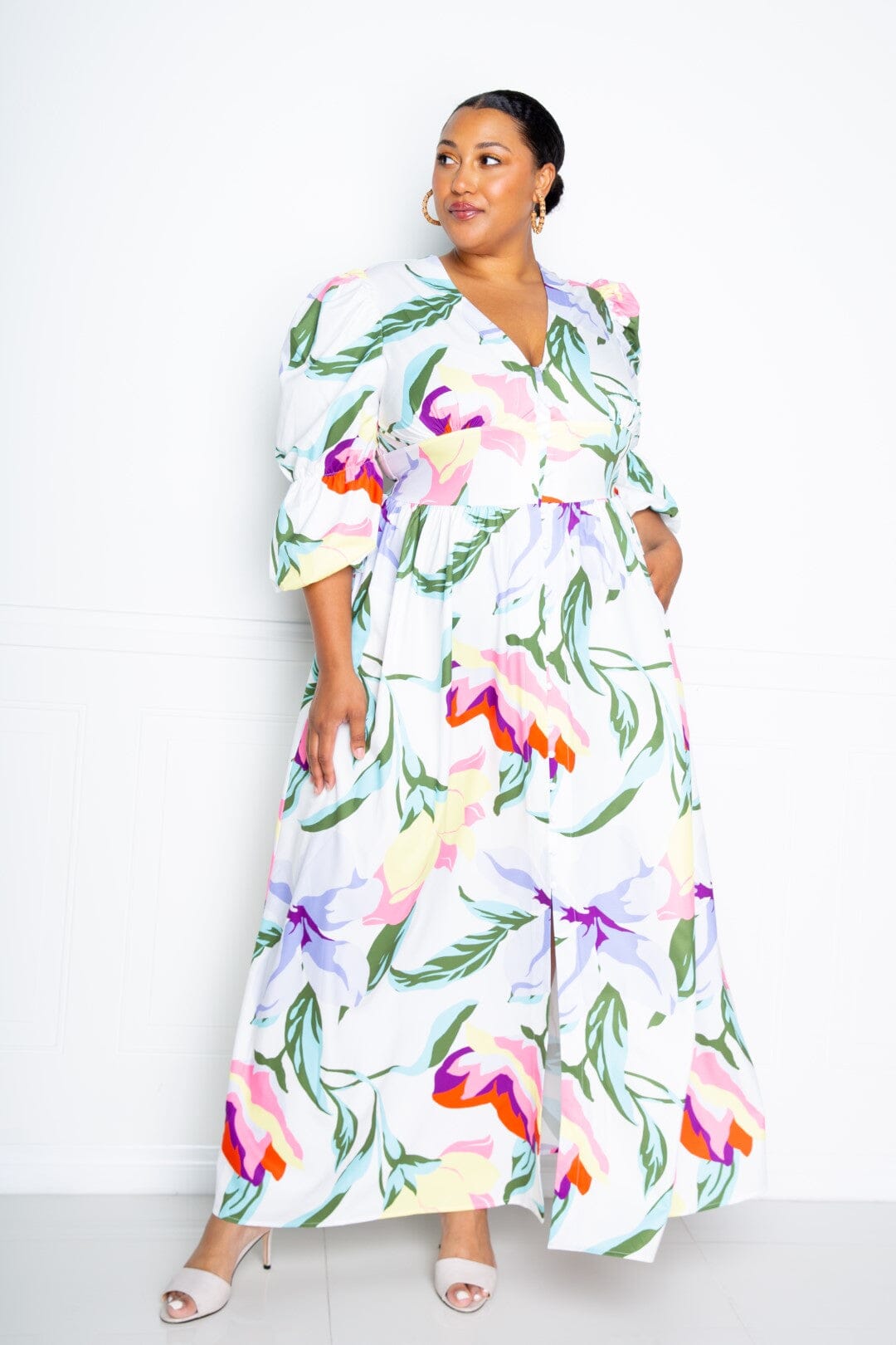 Plus Size Puff Sleeve Button Front Maxi Dress Dresses jehouze