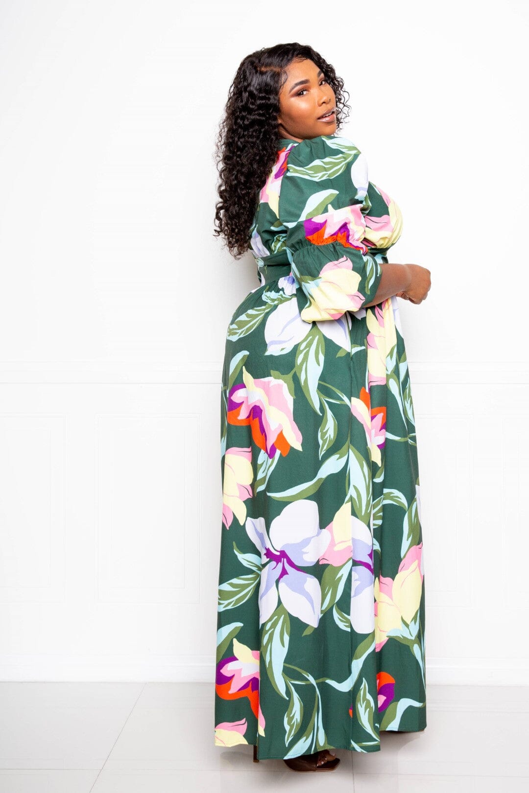 Plus Size Puff Sleeve Button Front Maxi Dress Dresses jehouze