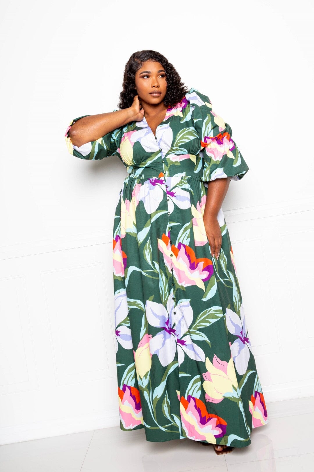 Plus Size Puff Sleeve Button Front Maxi Dress Dresses jehouze