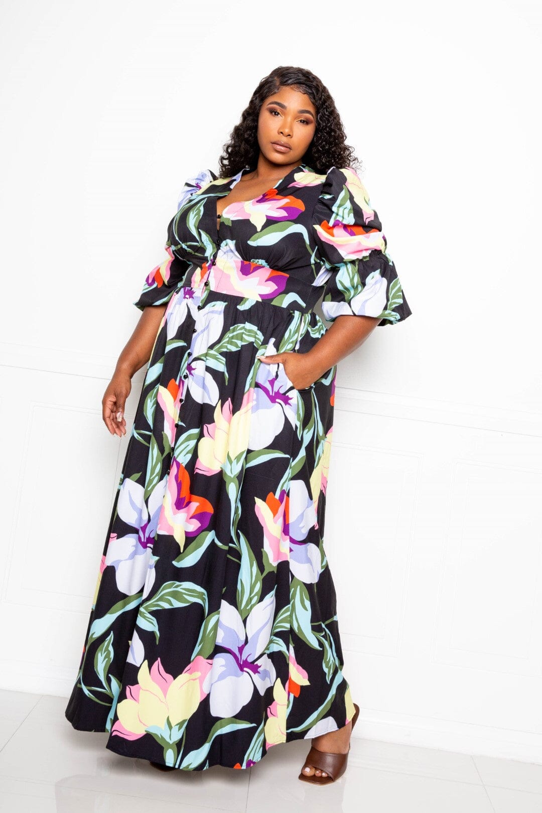 Plus Size Puff Sleeve Button Front Maxi Dress Dresses jehouze Black Multi 3XL