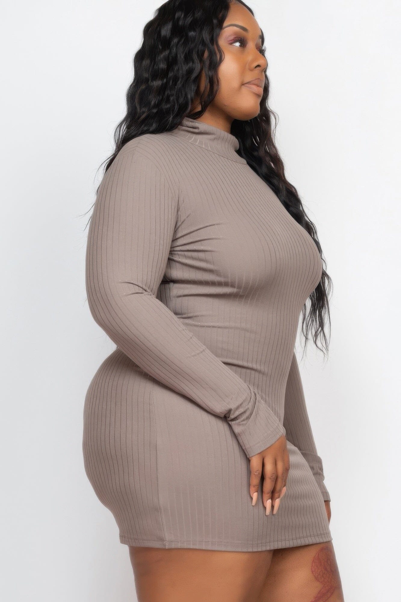 Plus Size Ribbed Long Sleeve Mock Neck Mini Bodycon Dress Dresses jehouze