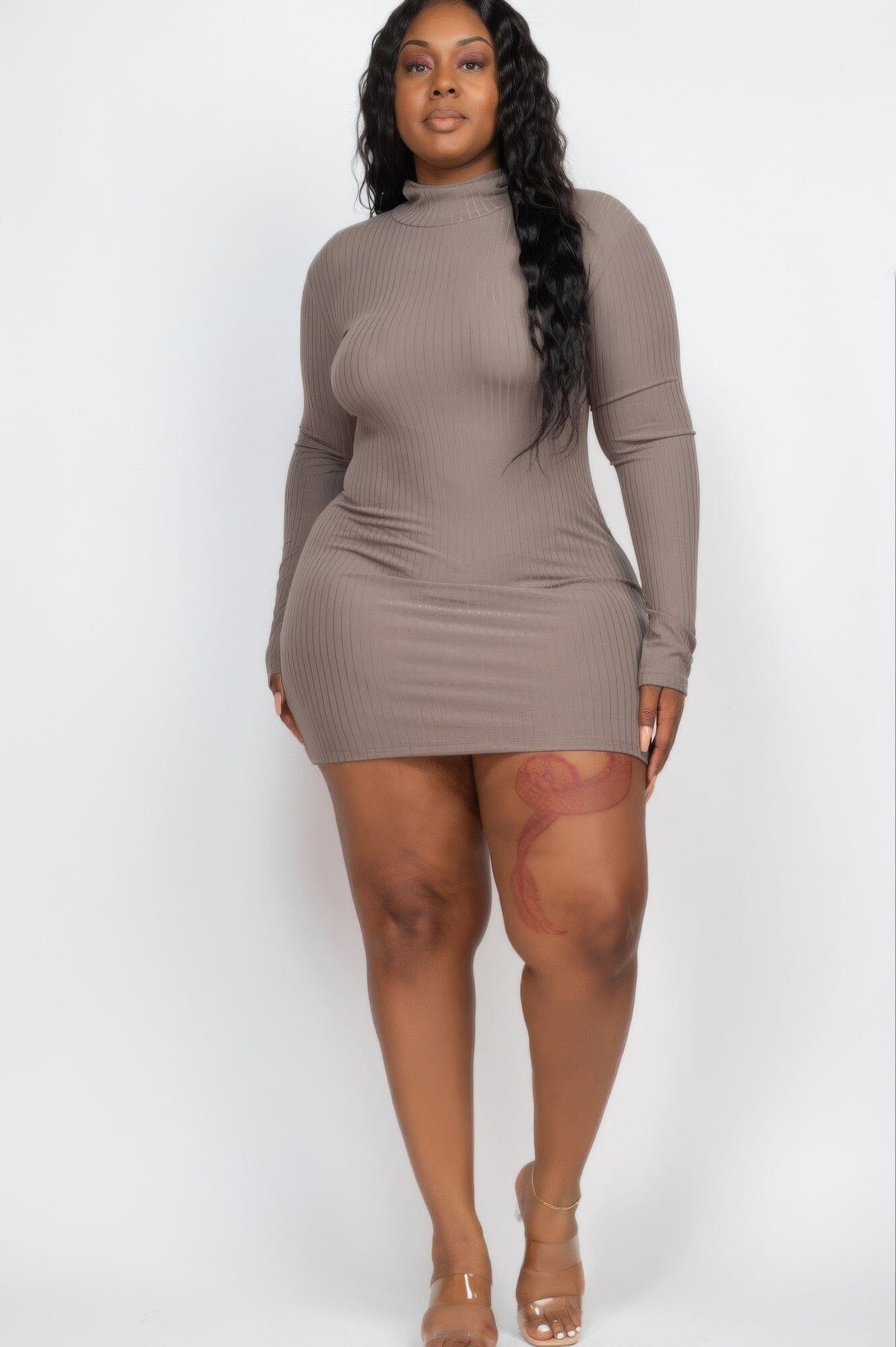 Plus Size Ribbed Long Sleeve Mock neck Mini Bodycon dress (CAPELLA) COFFEE / 3X Plus Size Ribbed Long Sleeve Mock neck Mini Bodycon dress (CAPELLA) COFFEE / 3X
