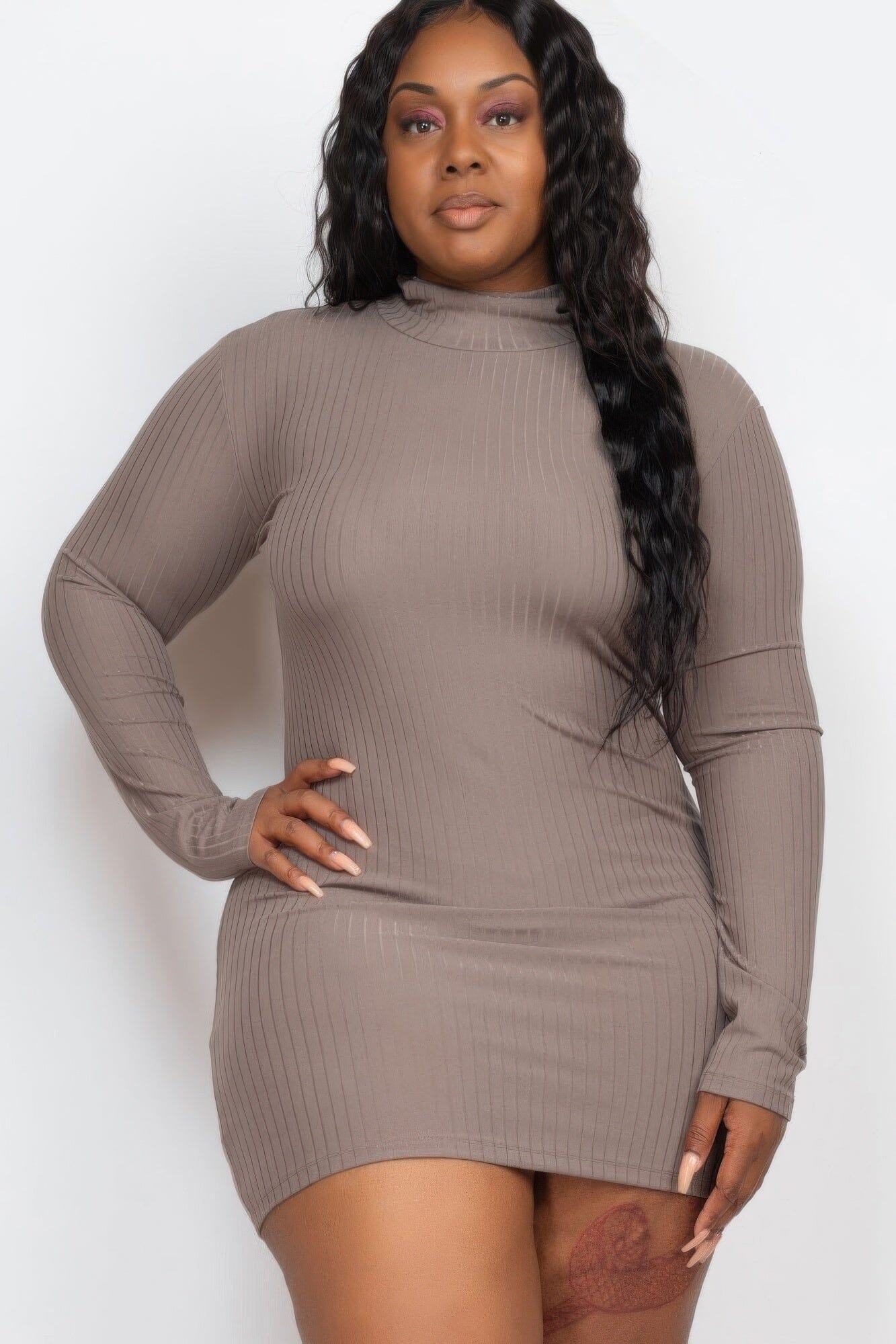 Plus Size Ribbed Long Sleeve Mock Neck Mini Bodycon Dress Dresses jehouze