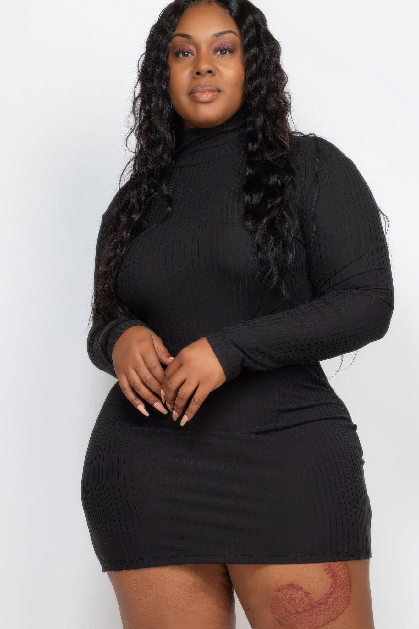 Plus Size Ribbed Long Sleeve Mock Neck Mini Bodycon Dress Dresses jehouze Black 1XL
