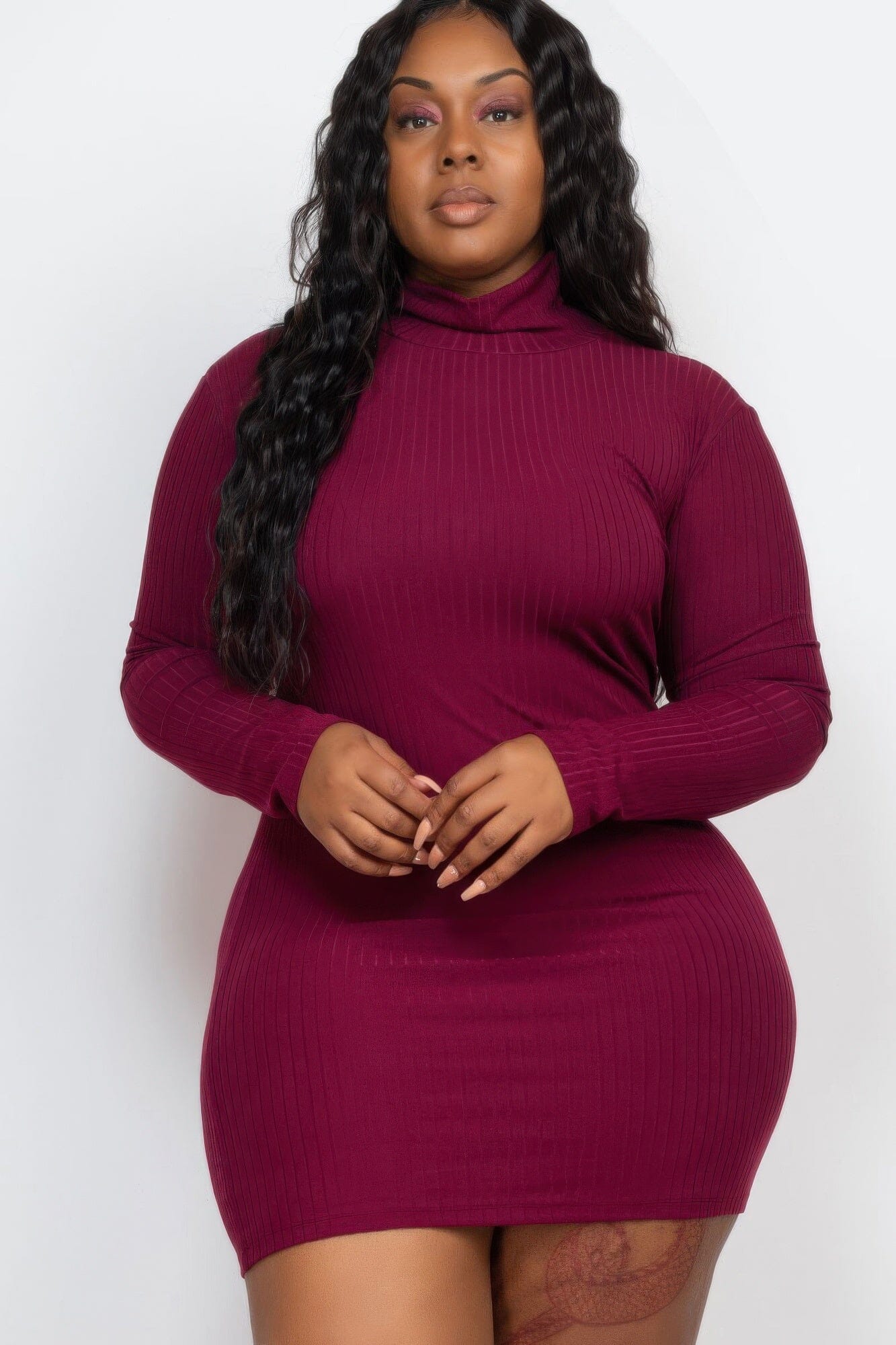 Plus Size Ribbed Long Sleeve Mock Neck Mini Bodycon Dress Dresses jehouze Burgundy 1XL