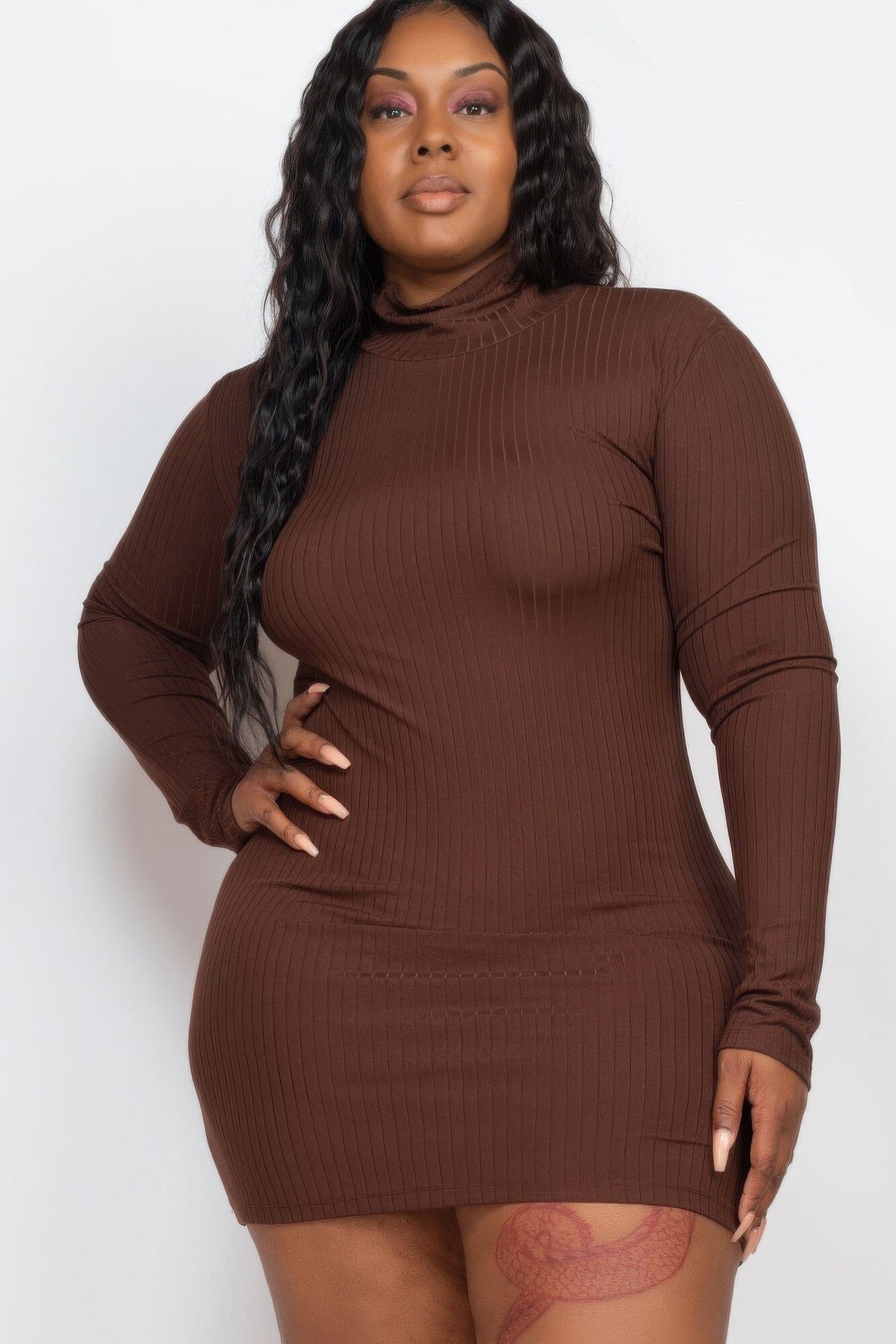 Plus Size Ribbed Long Sleeve Mock Neck Mini Bodycon Dress Dresses jehouze Coffee 1XL
