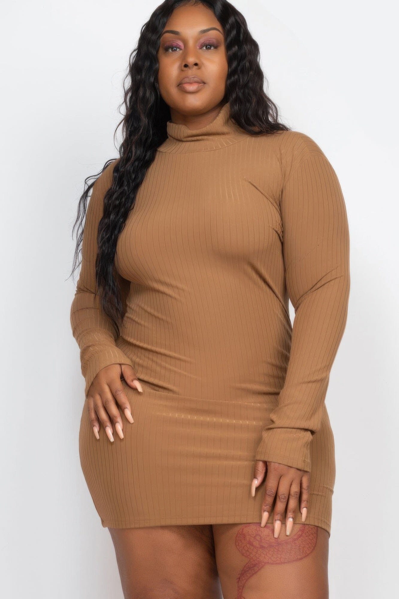 Plus Size Ribbed Long Sleeve Mock Neck Mini Bodycon Dress Dresses jehouze Mocha 1XL