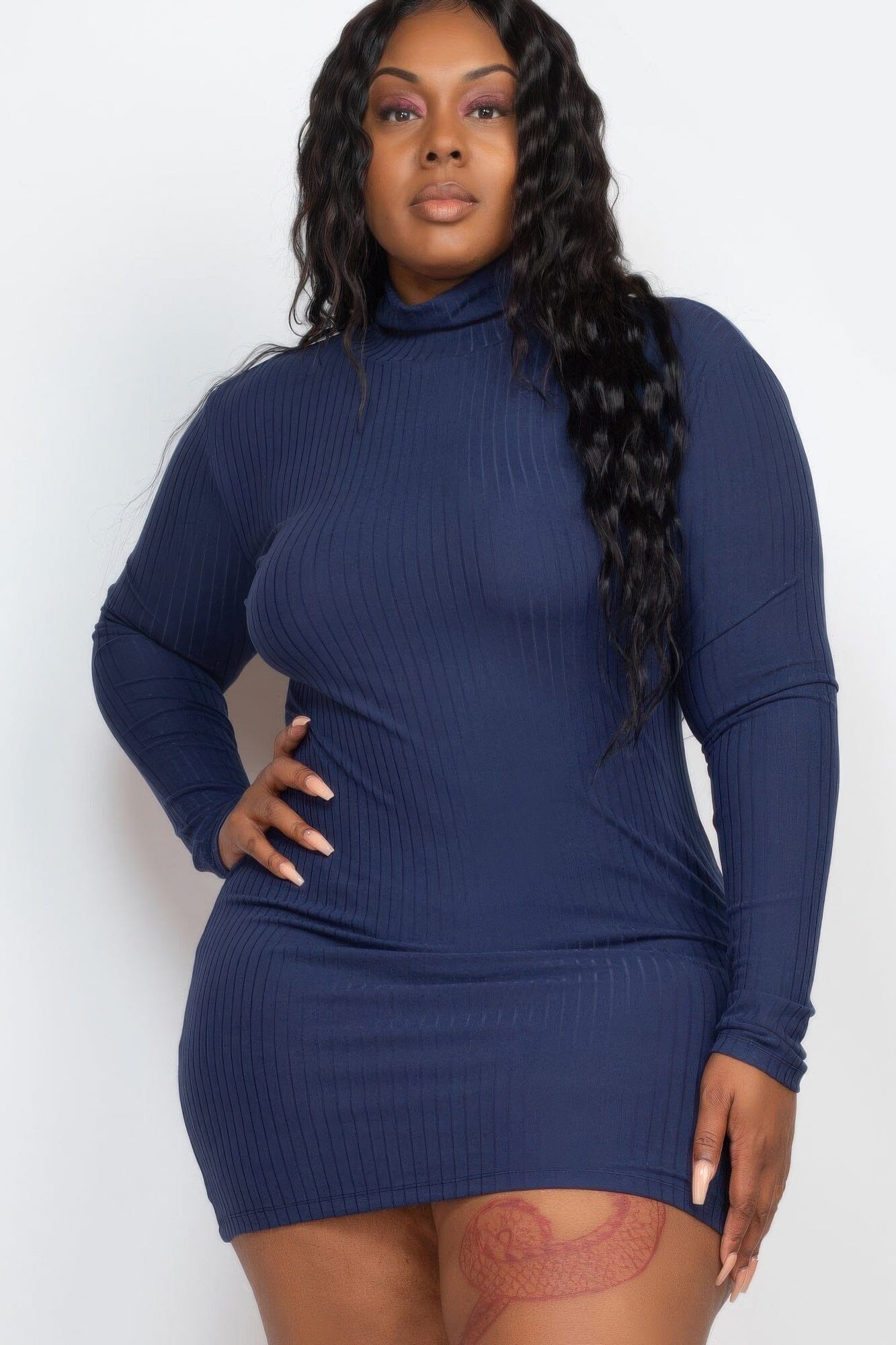 Plus Size Ribbed Long Sleeve Mock Neck Mini Bodycon Dress Dresses jehouze Navy 1XL