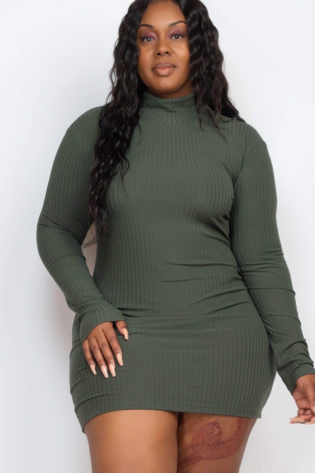 Plus Size Ribbed Long Sleeve Mock Neck Mini Bodycon Dress Dresses jehouze Olive 1XL