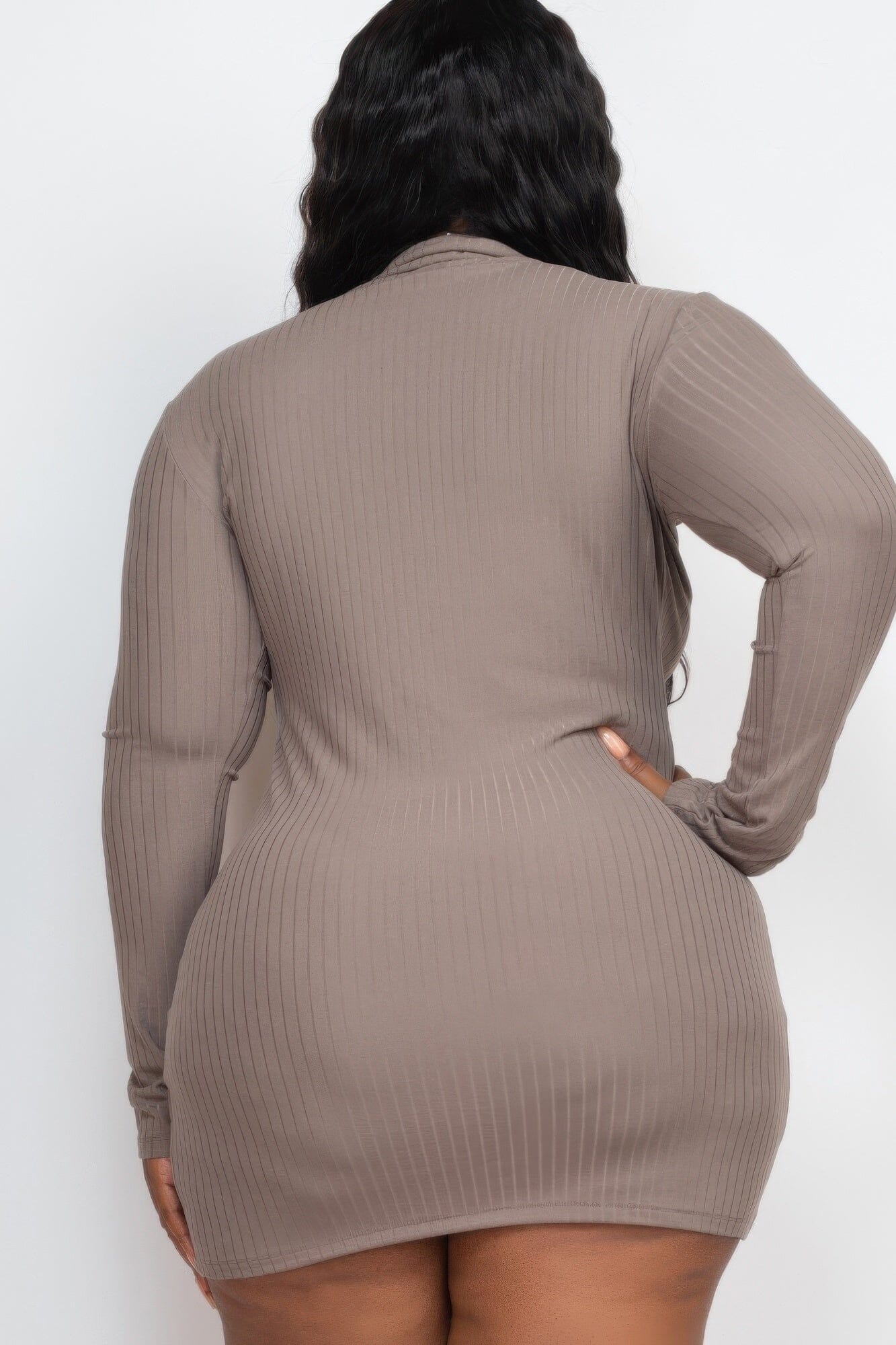 Plus Size Ribbed Long Sleeve Mock Neck Mini Bodycon Dress Dresses jehouze Taupe 1XL