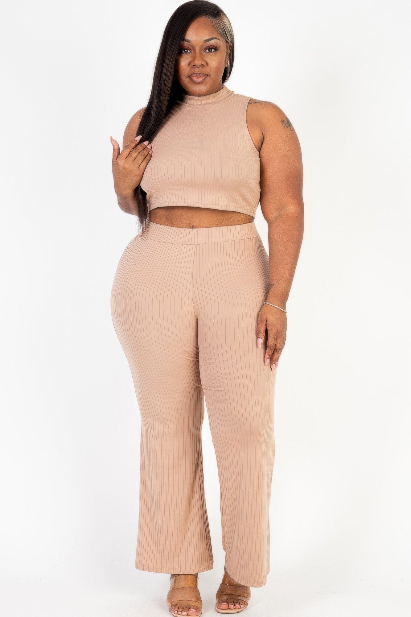 Plus Size Ribbed Mock Neck Crop Tank Top& Bootcut Pants Set Outfit Sets jehouze