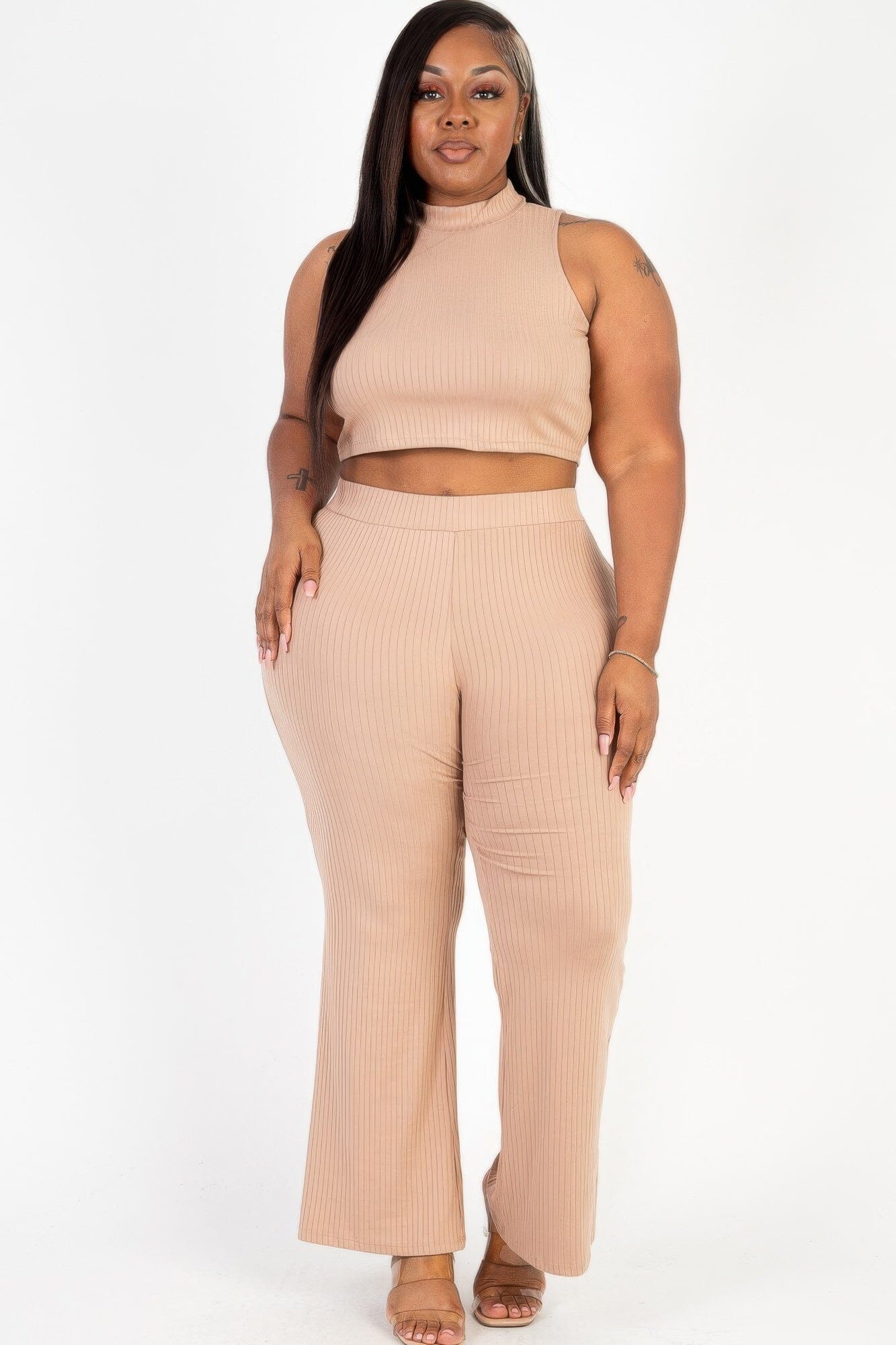 Plus Size Ribbed Mock Neck Crop Tank Top& Bootcut Pants Set Outfit Sets jehouze