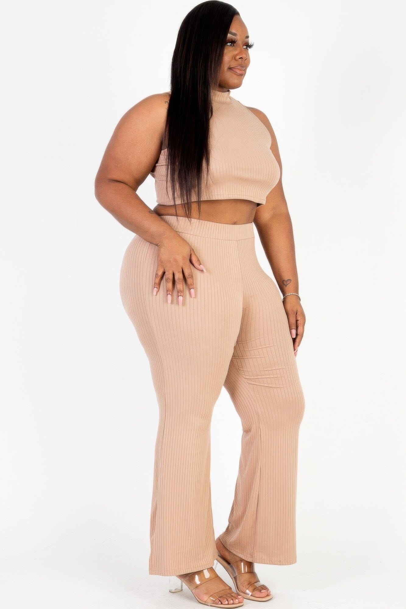 Plus Size Ribbed Mock Neck Crop Tank Top& Bootcut Pants Set Outfit Sets jehouze