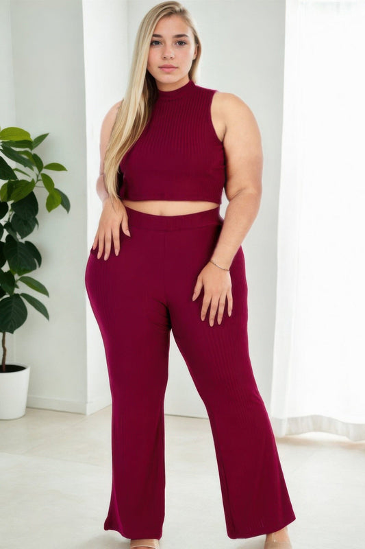 Plus Size Ribbed Mock Neck Crop Tank Top& Bootcut Pants Set Outfit Sets jehouze Burgundy 1XL