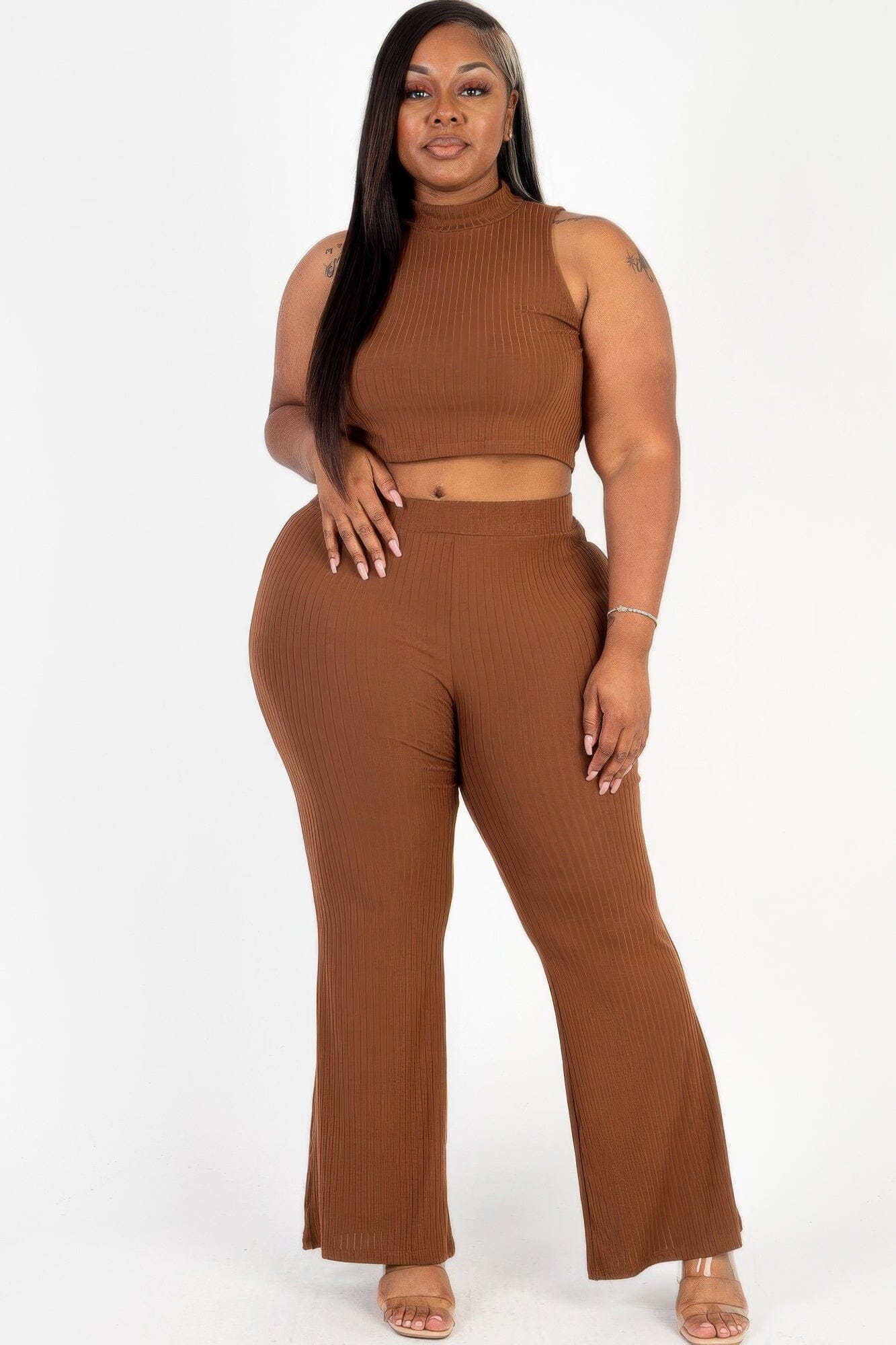 Plus Size Ribbed Mock Neck Crop Tank Top& Bootcut Pants Set Outfit Sets jehouze Downtown brown 1XL