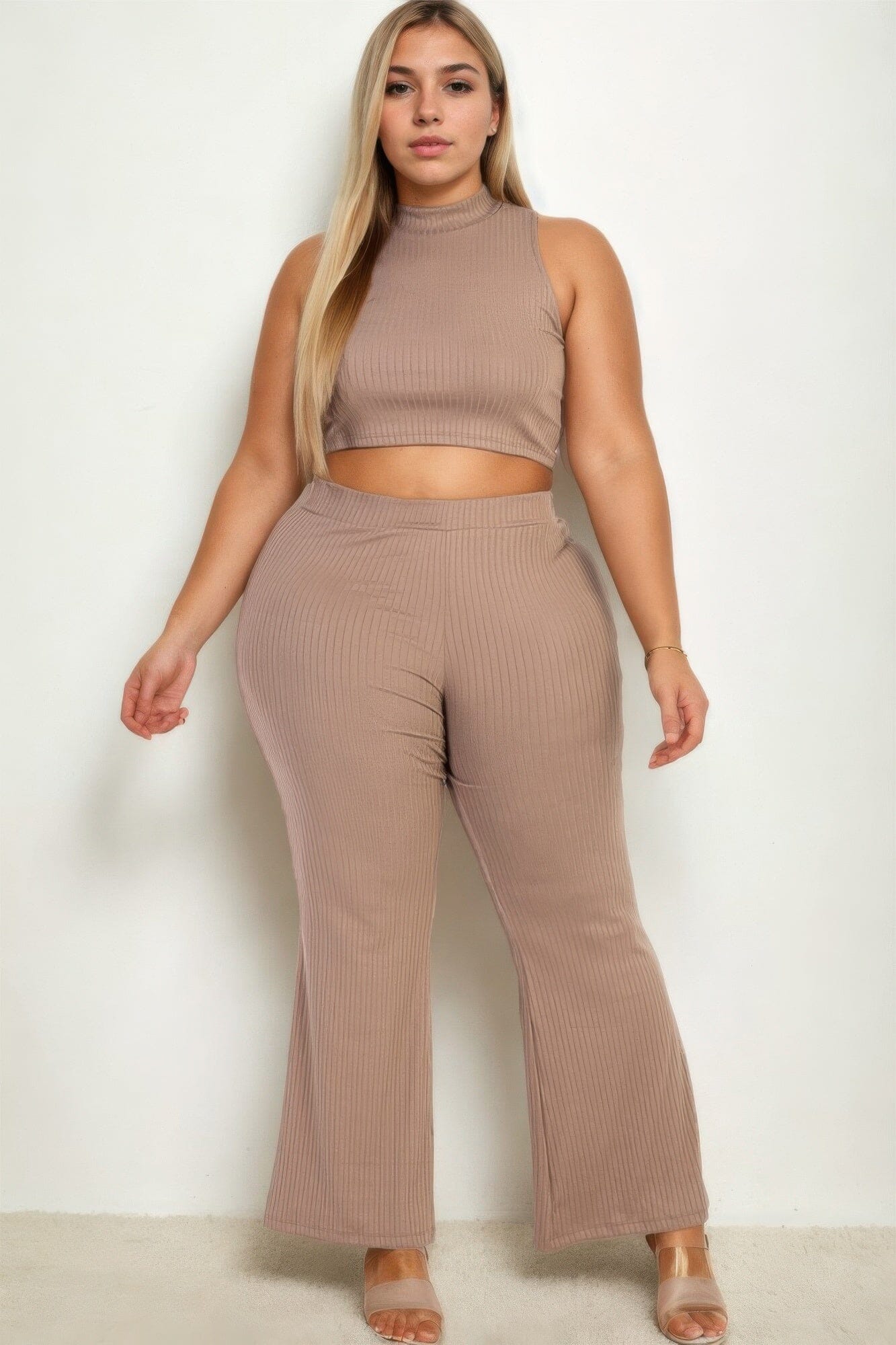 Plus Size Ribbed Mock Neck Crop Tank Top& Bootcut Pants Set Outfit Sets jehouze Taupe 1XL