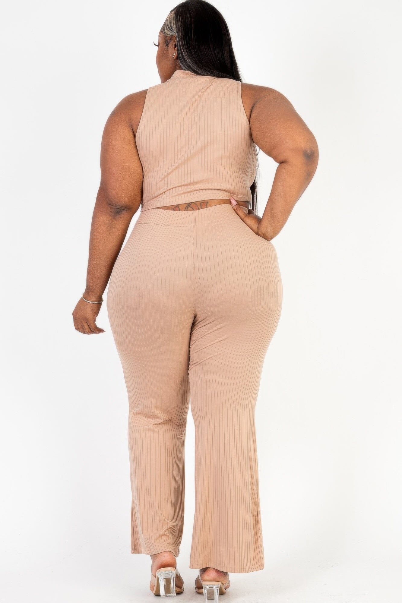 Plus Size Ribbed Mock Neck Crop Tank Top& Bootcut Pants Set Outfit Sets jehouze Toffee 1XL