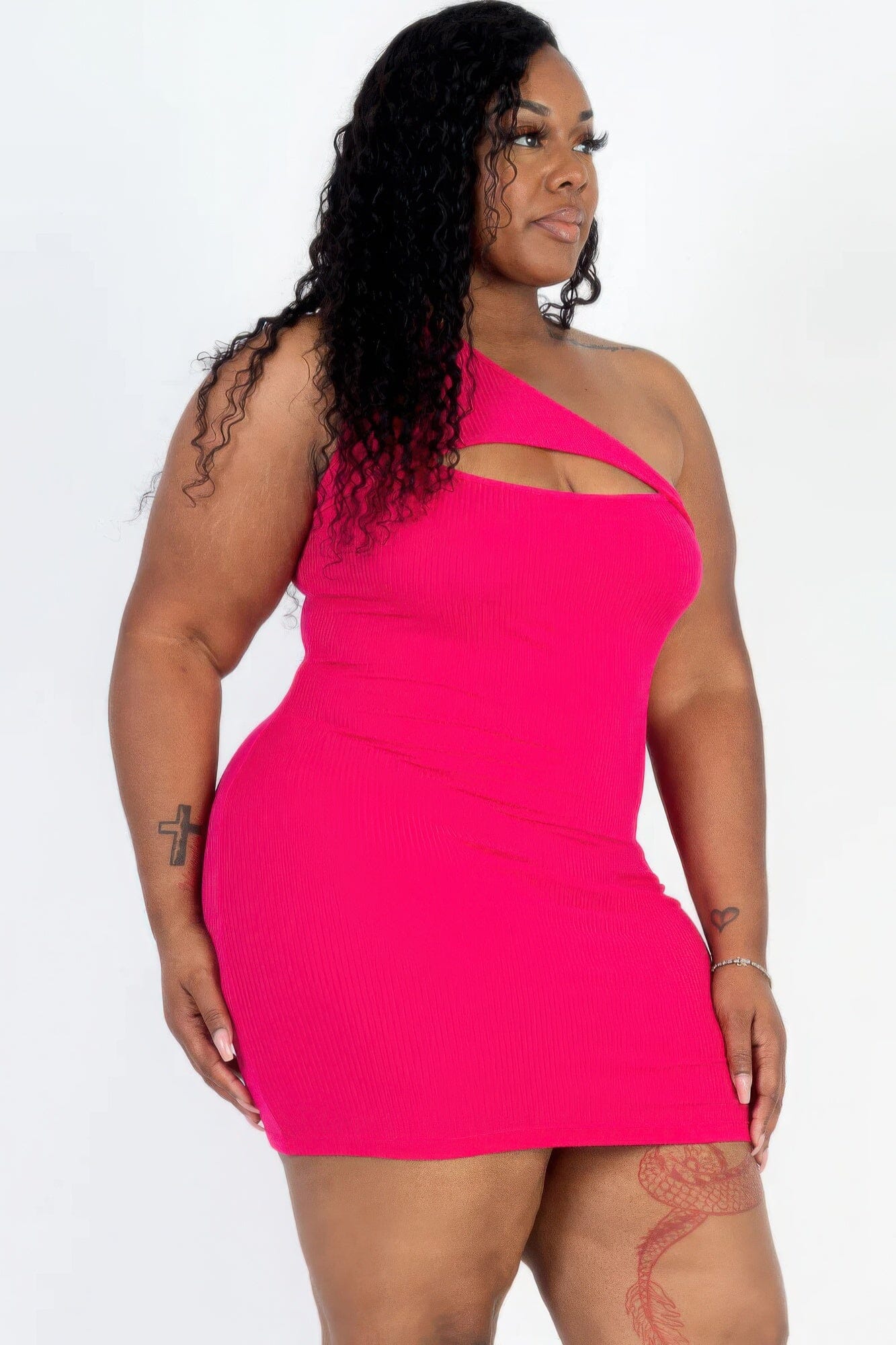 Plus Size Ribbed One Shoulder Cutout Front Casual Mini Bodycon Dress Dresses jehouze