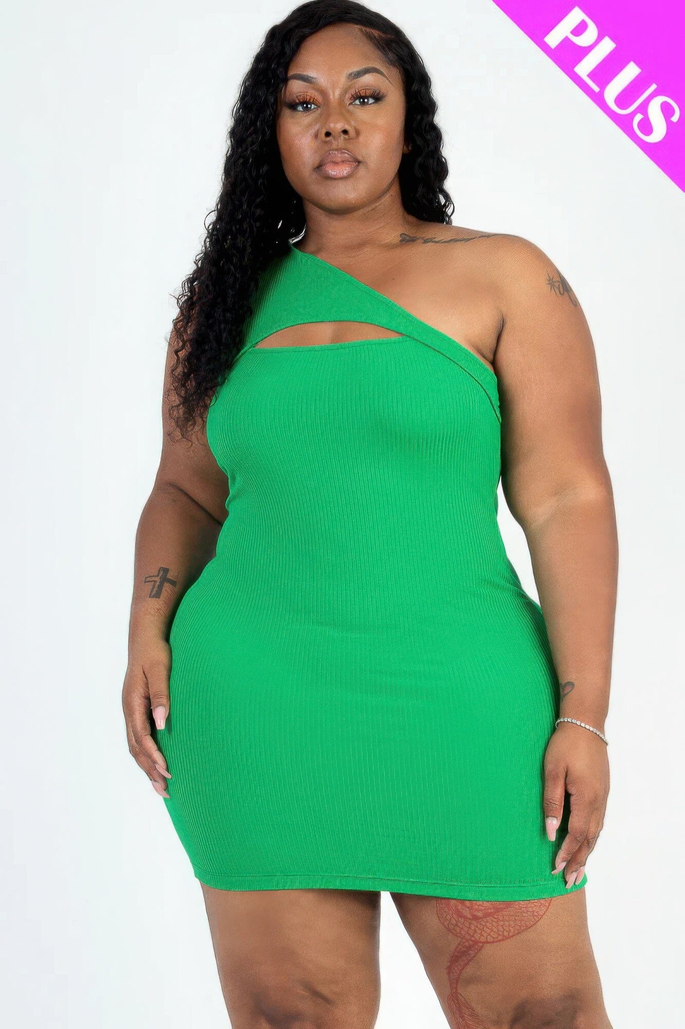 Plus Size Ribbed One Shoulder Cutout Front Casual Mini Bodycon Dress Dresses jehouze