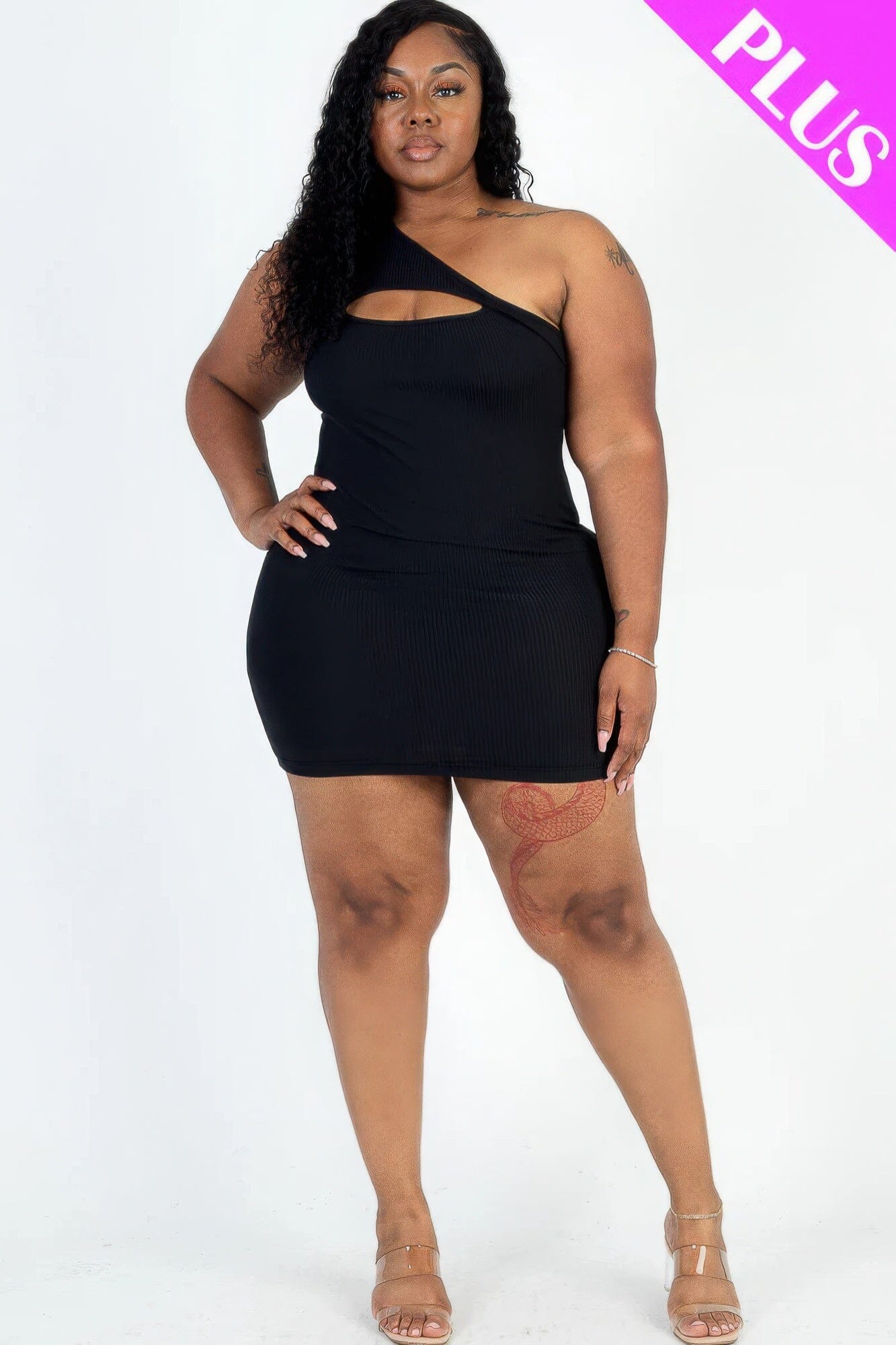 Plus Size Ribbed One Shoulder Cutout Front Casual Mini Bodycon Dress Dresses jehouze Black 1XL