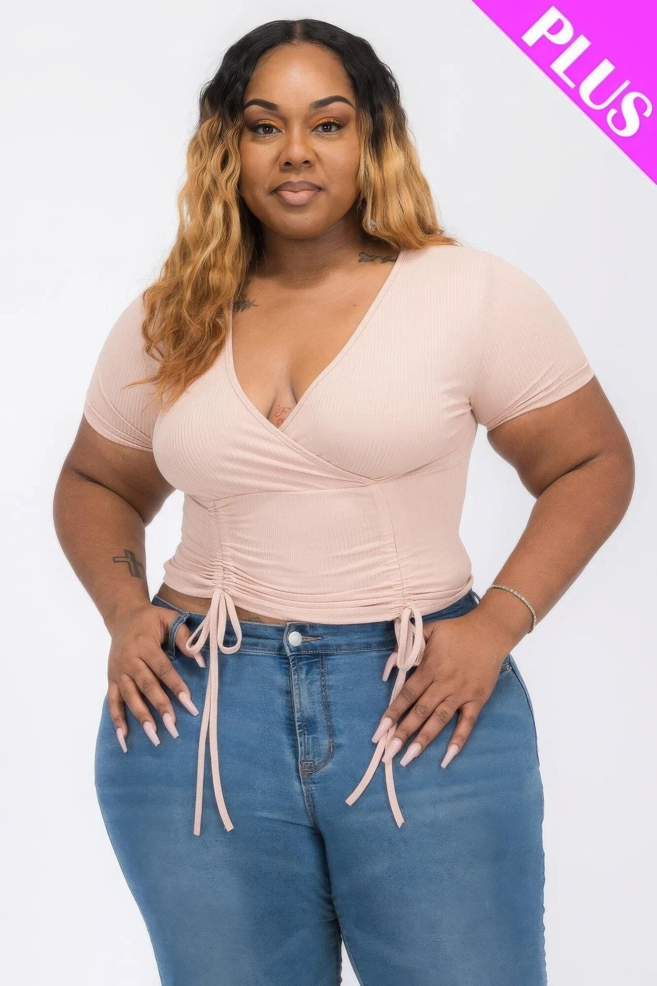 Plus Size Ribbed Ruched Drawstring Surplice Top Shirts & Tops jehouze Blush 1XL