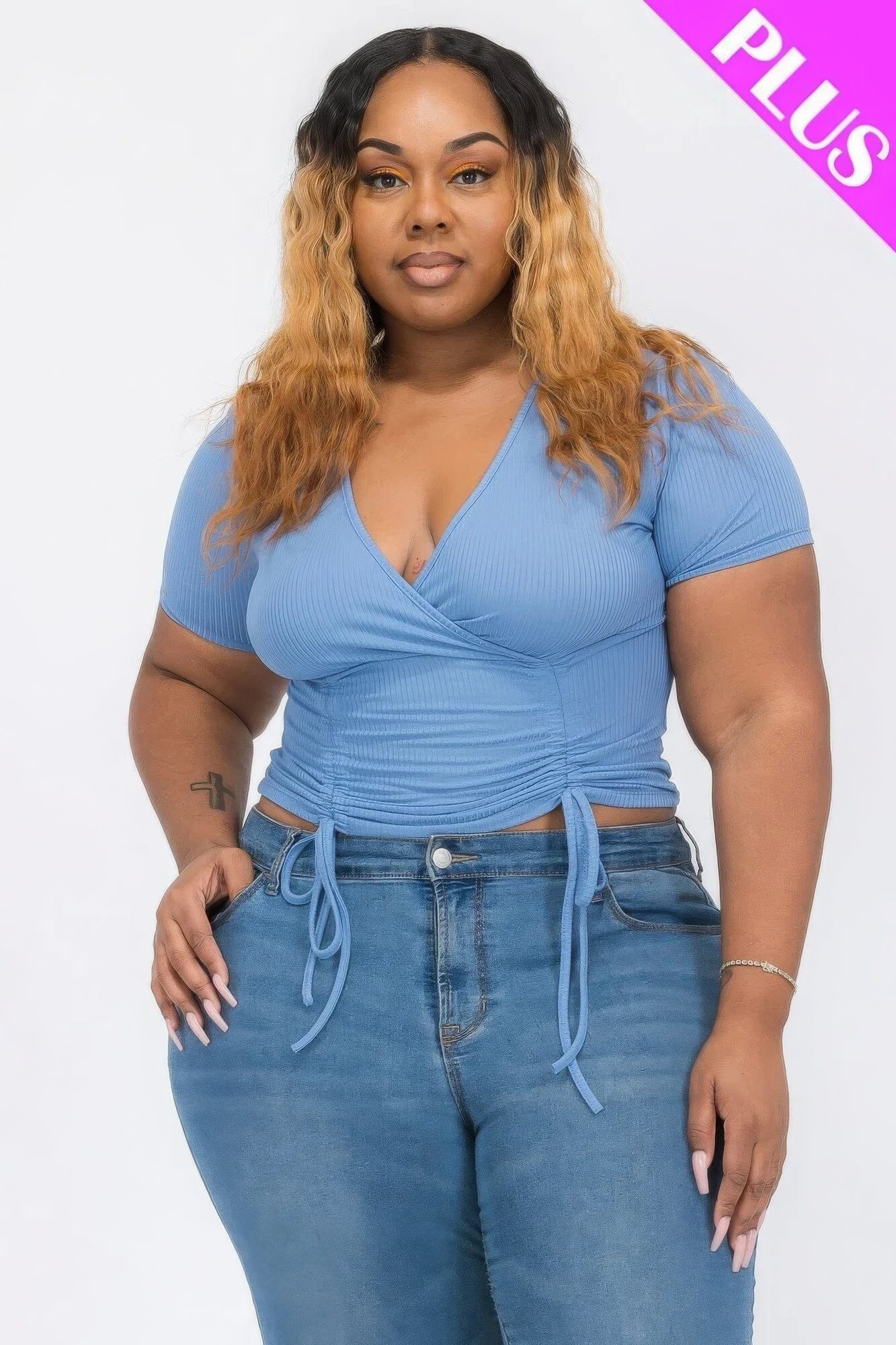 Plus Size Ribbed Ruched Drawstring Surplice Top Shirts & Tops jehouze Cloud 1XL