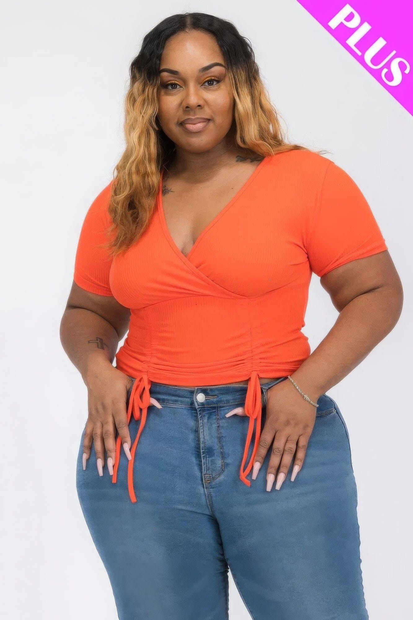 Plus Size Ribbed Ruched Drawstring Surplice Top Shirts & Tops jehouze Orange Red 1XL