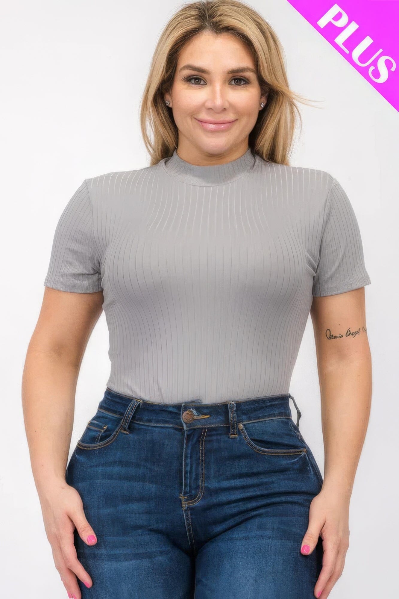 Plus Size Ribbed Short Sleeve Bodysuit bodysuit jehouze