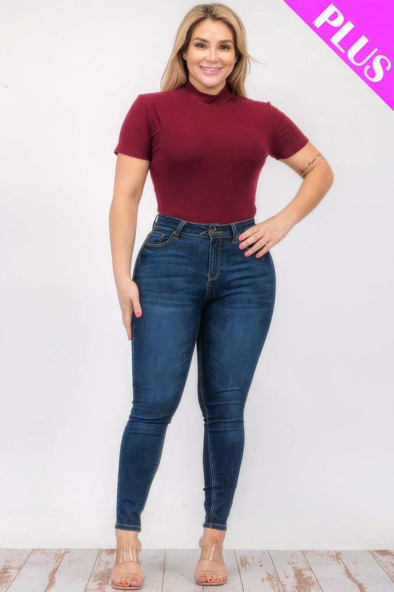 Plus Size Ribbed Short Sleeve Bodysuit bodysuit jehouze Burgundy 1XL