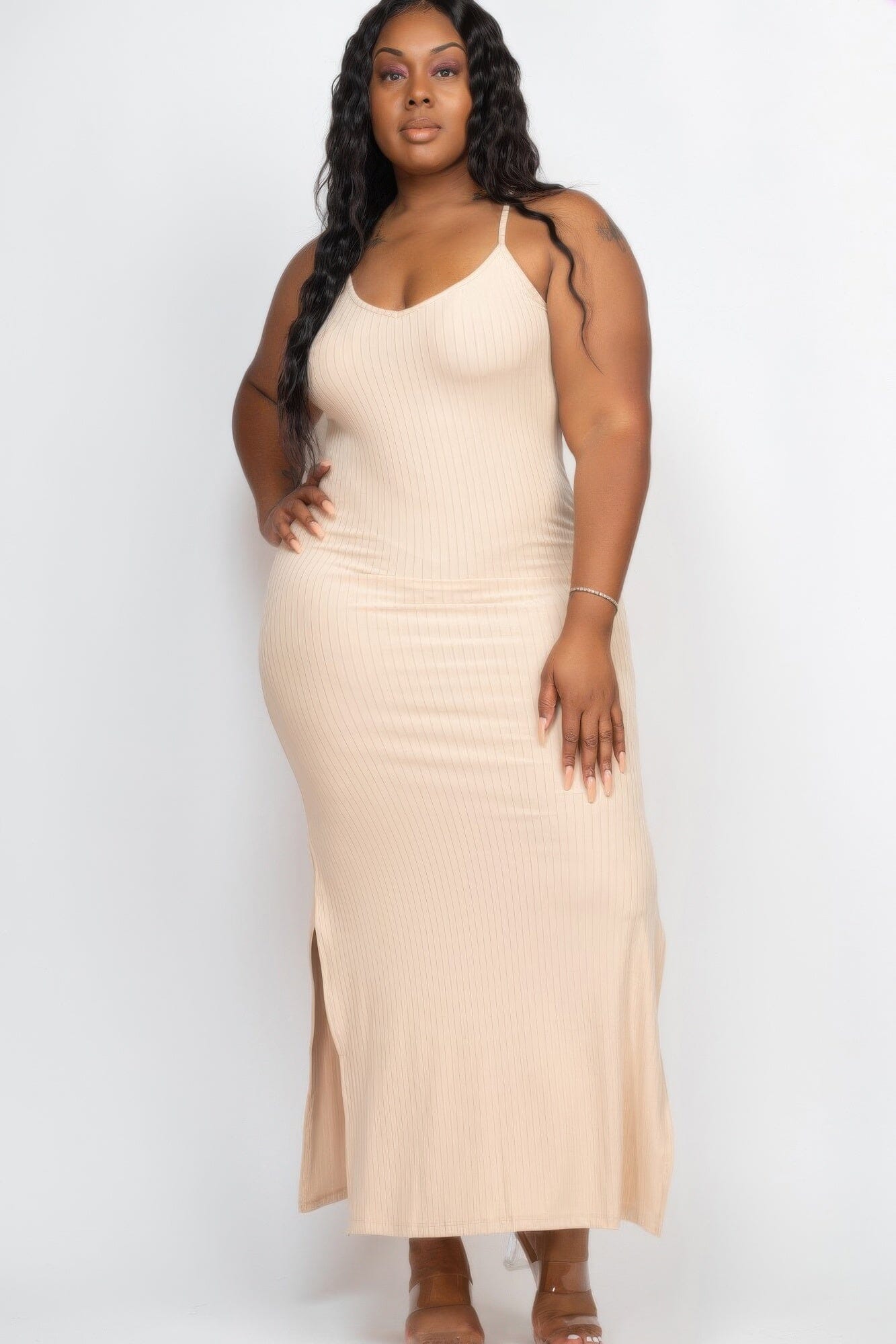 Plus Size Ribbed Side Slit Long Cami Maxi Dress Dresses jehouze