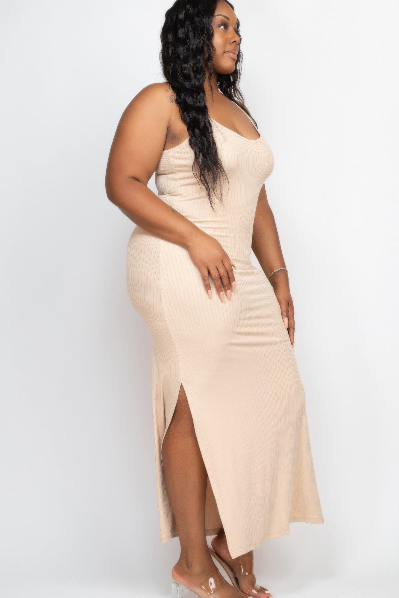 Plus Size Ribbed Side Slit Long Cami Maxi Dress Dresses jehouze