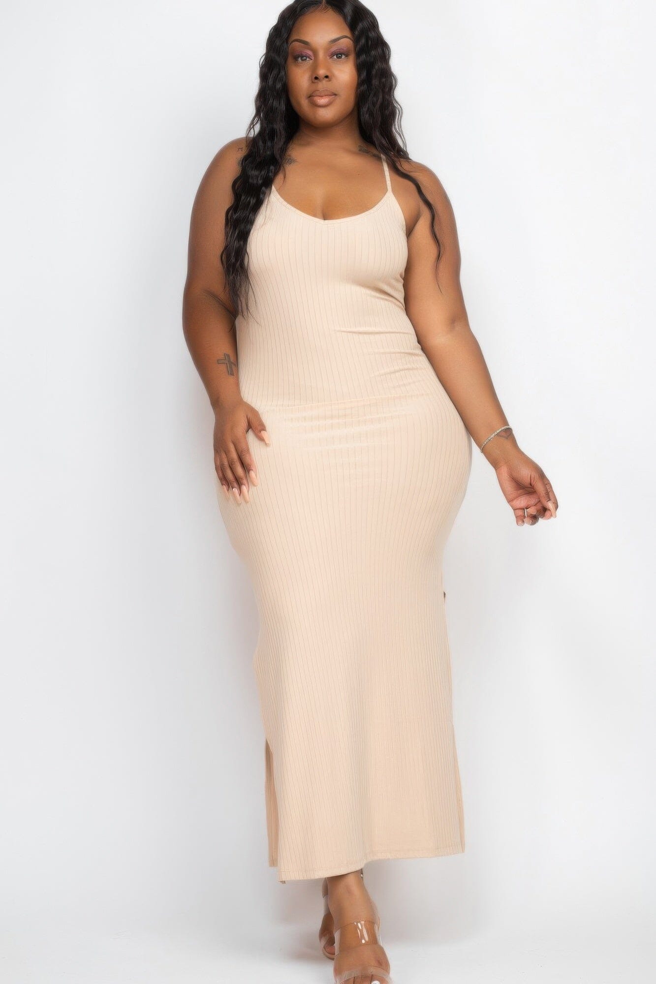 Plus Size Ribbed Side Slit Long Cami Maxi Dress Dresses jehouze Black 1XL
