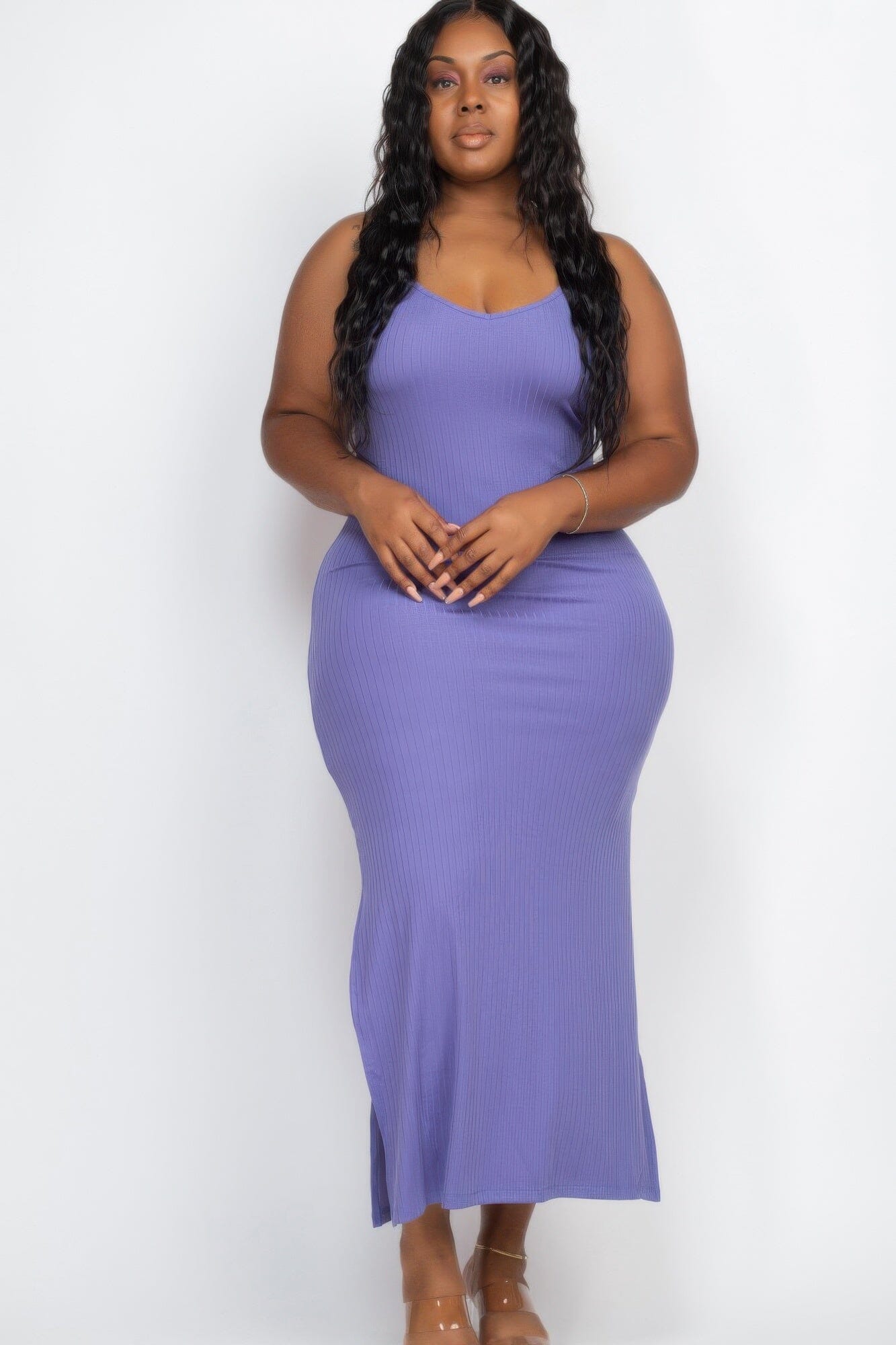 Plus Size Ribbed Side Slit Long Cami Maxi Dress Dresses jehouze Chive blossom 1XL