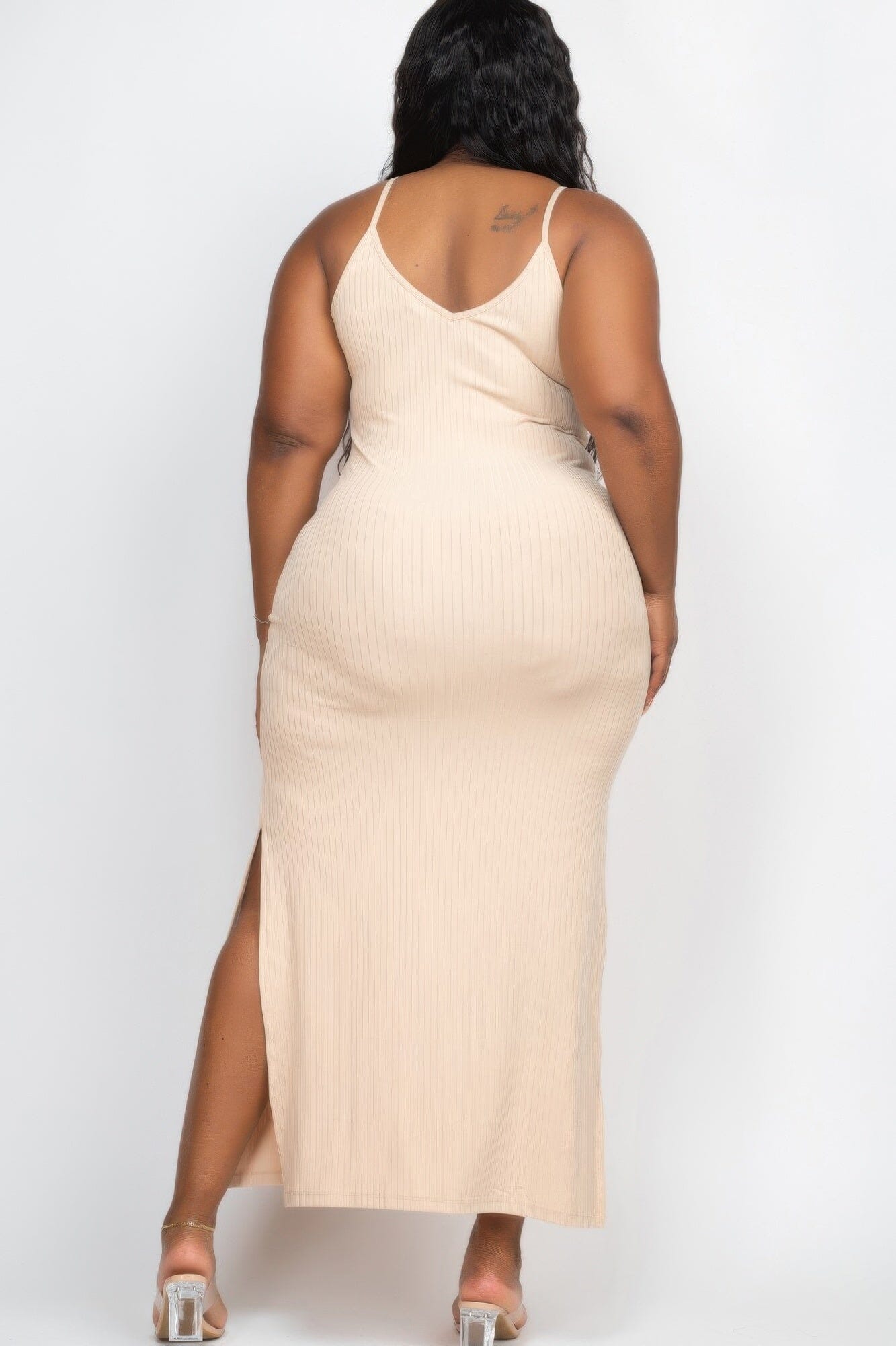 Plus Size Ribbed Side Slit Long Cami Maxi Dress Dresses jehouze Khaki 1XL